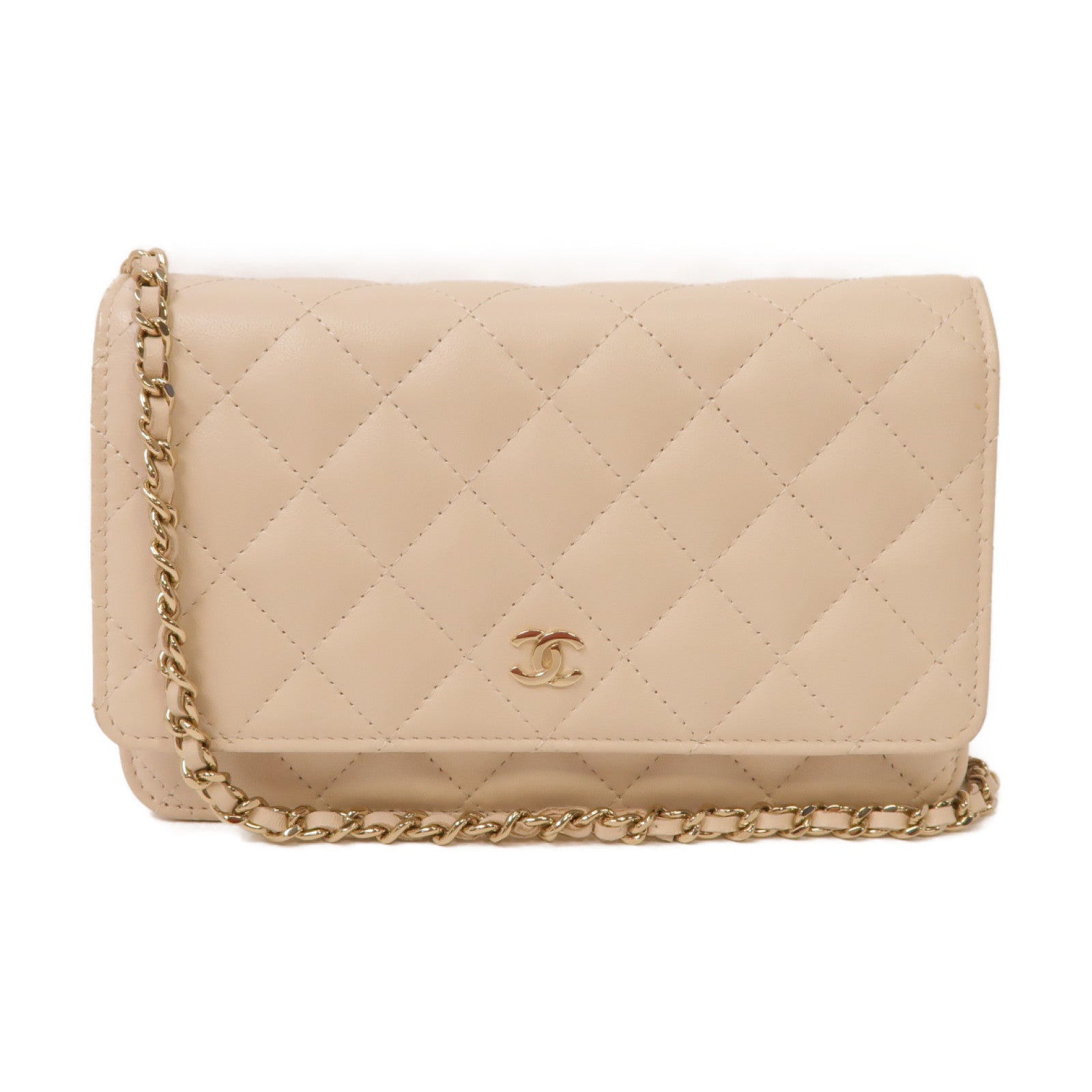CHANEL 【激減優惠】菱格羊皮皮革WOC 19cm Chain Shoulder金扣鏈帶肩背袋米色