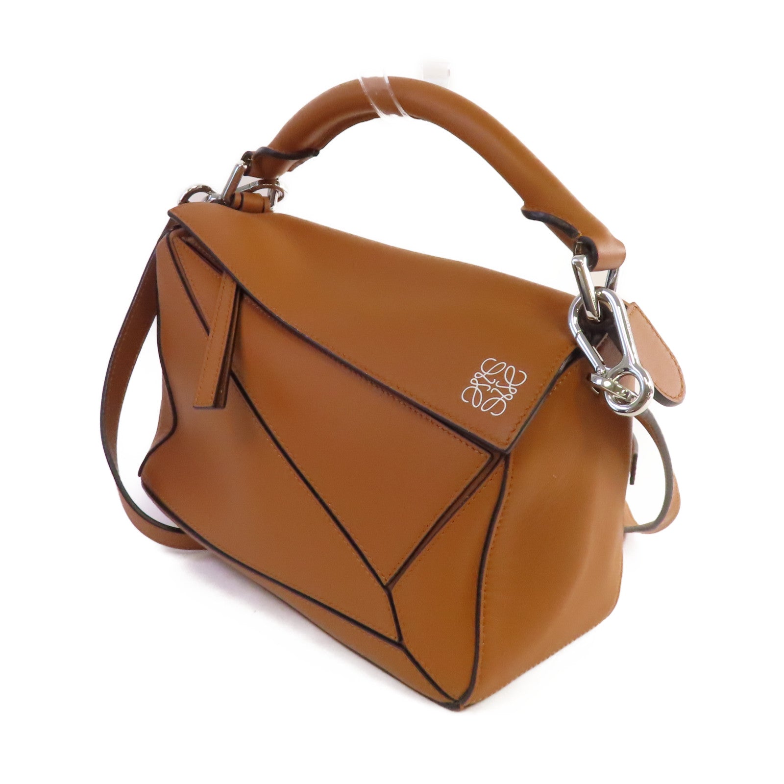 LOEWE 牛皮皮革Puzzle Bag 2Way Shoulder Bag銀扣手挽肩背兩用袋啡色