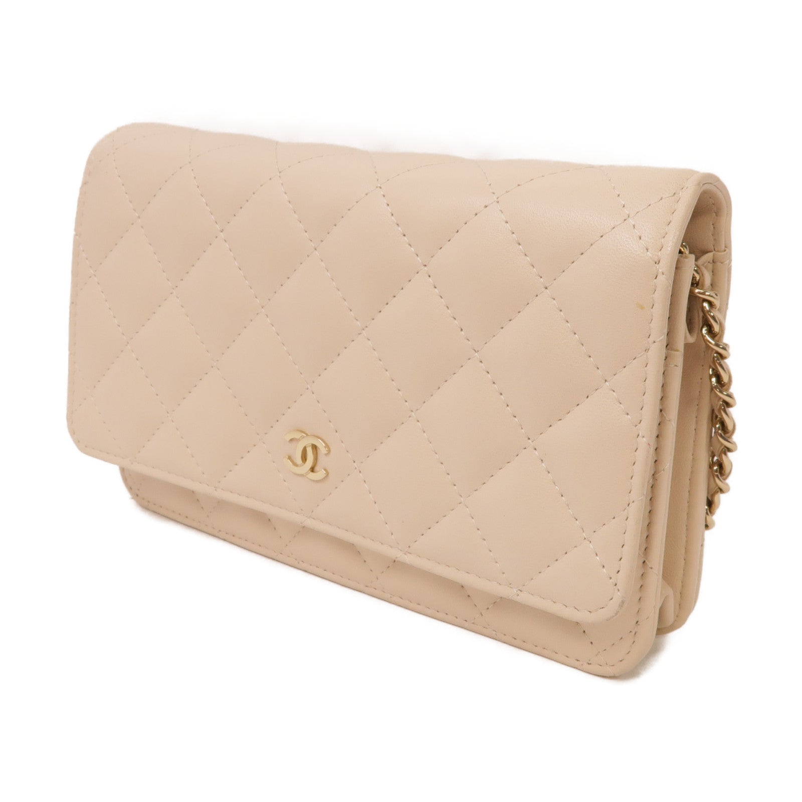 CHANEL 【激減優惠】菱格羊皮皮革WOC 19cm Chain Shoulder金扣鏈帶肩背袋米色