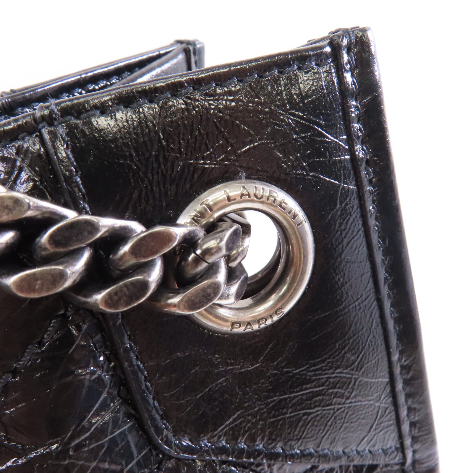SAINT LAURENT 牛皮皮革Shoulder Bag銀扣鏈帶肩背袋黑色