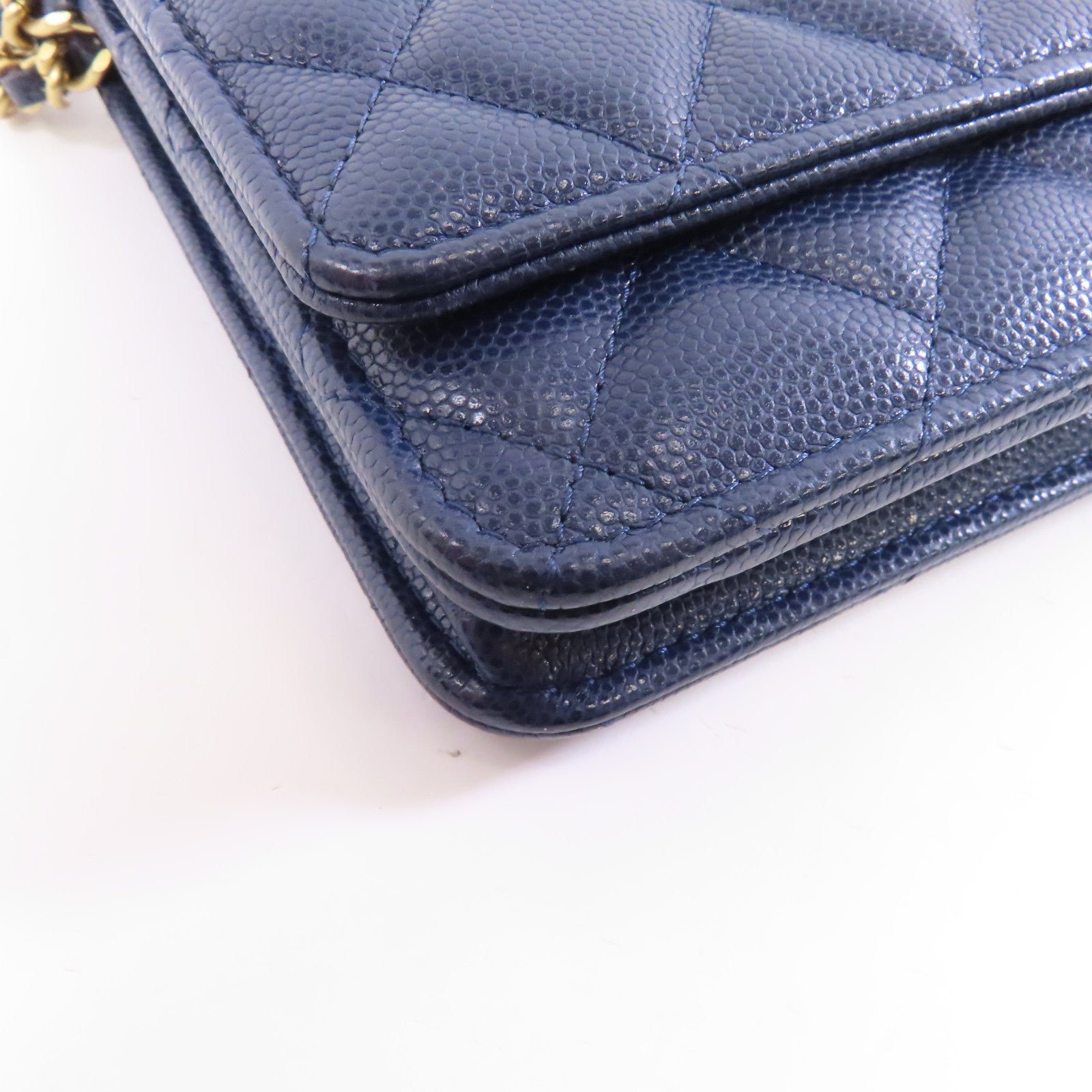 CHANEL 菱格Caviar皮革Wallet On Chain金扣鏈帶肩背袋深藍色
