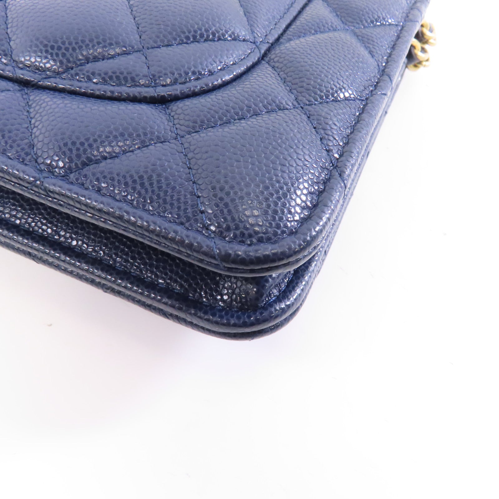 CHANEL 菱格Caviar皮革Wallet On Chain金扣鏈帶肩背袋深藍色