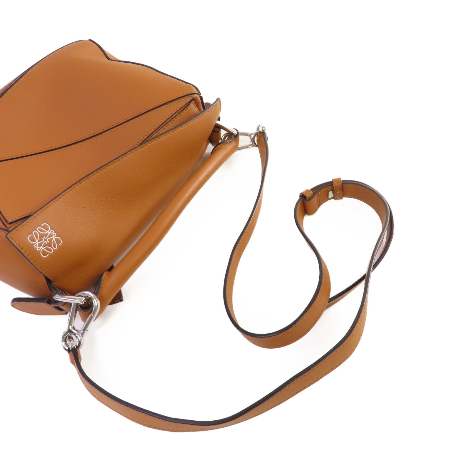 LOEWE 牛皮皮革Puzzle Bag 2Way Shoulder Bag銀扣手挽肩背兩用袋啡色