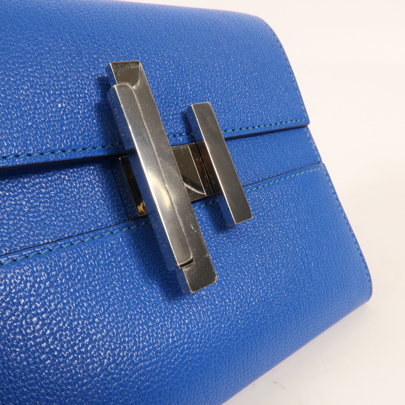 HERMES Chevre皮革Cinhetic To Go Wallet銀扣肩背袋Blue Brighton