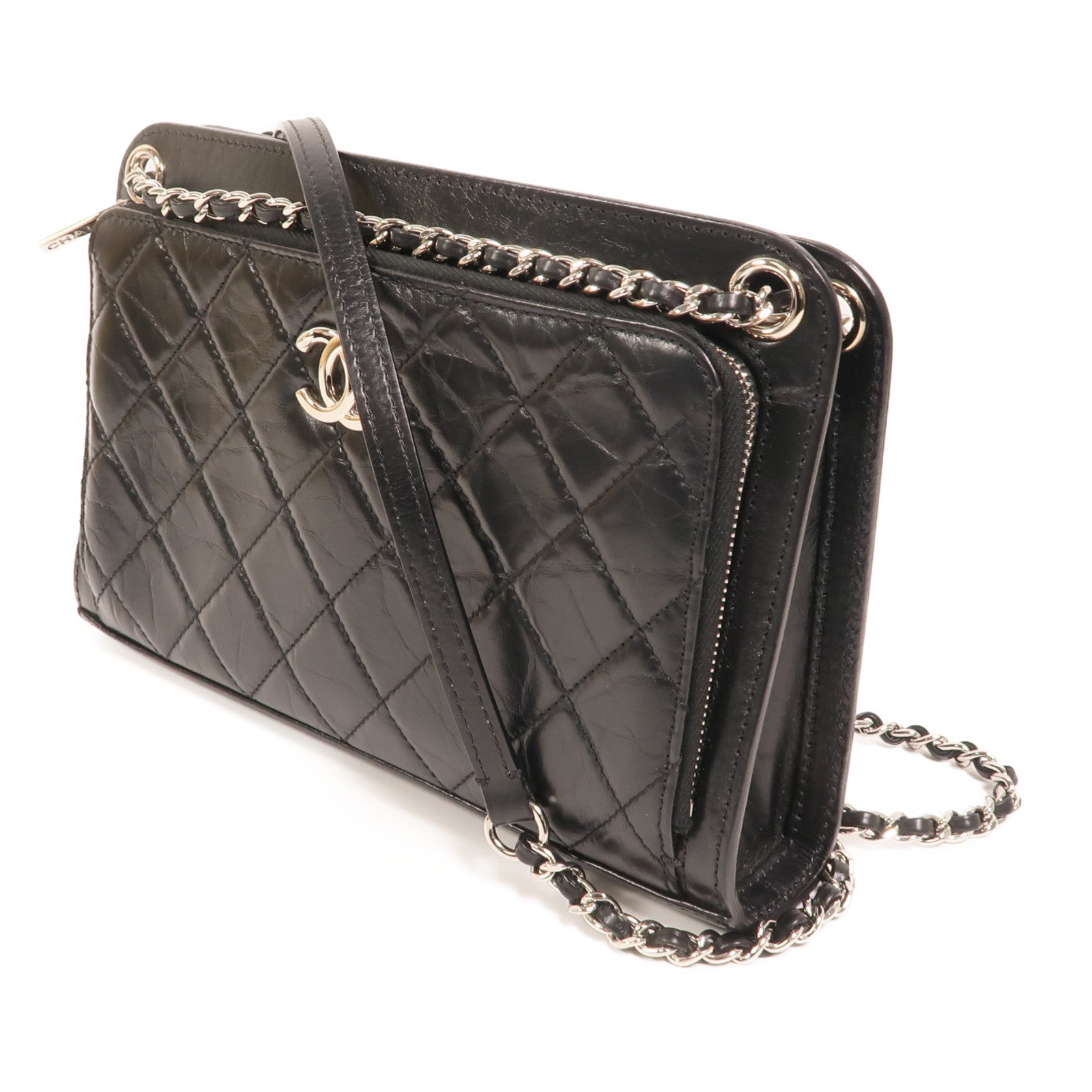 CHANEL 牛皮皮革Chain Shoulder銀扣鏈帶肩背袋