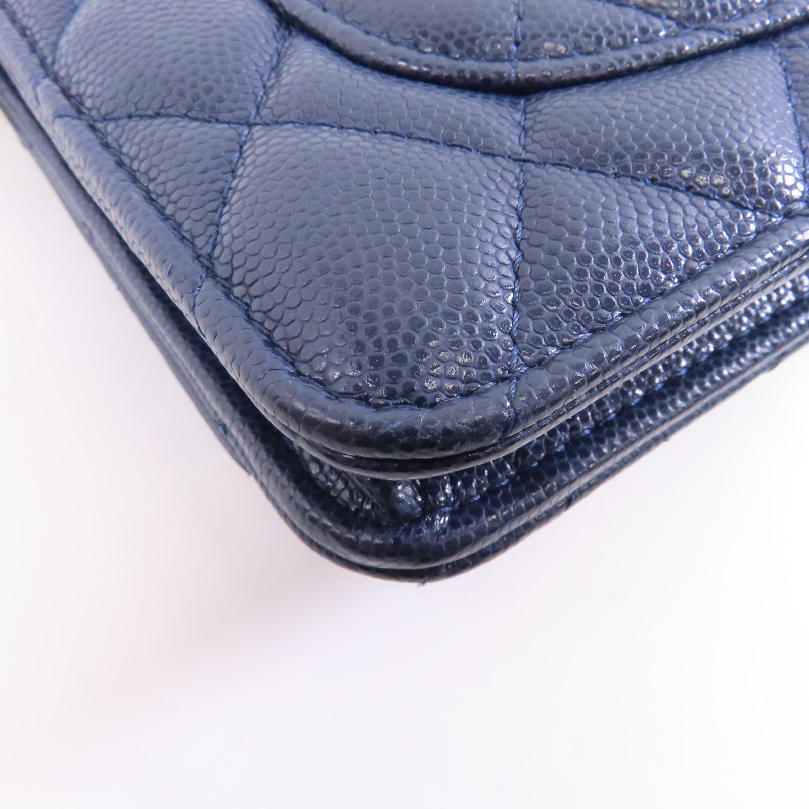 CHANEL 菱格Caviar皮革Wallet On Chain金扣鏈帶肩背袋深藍色