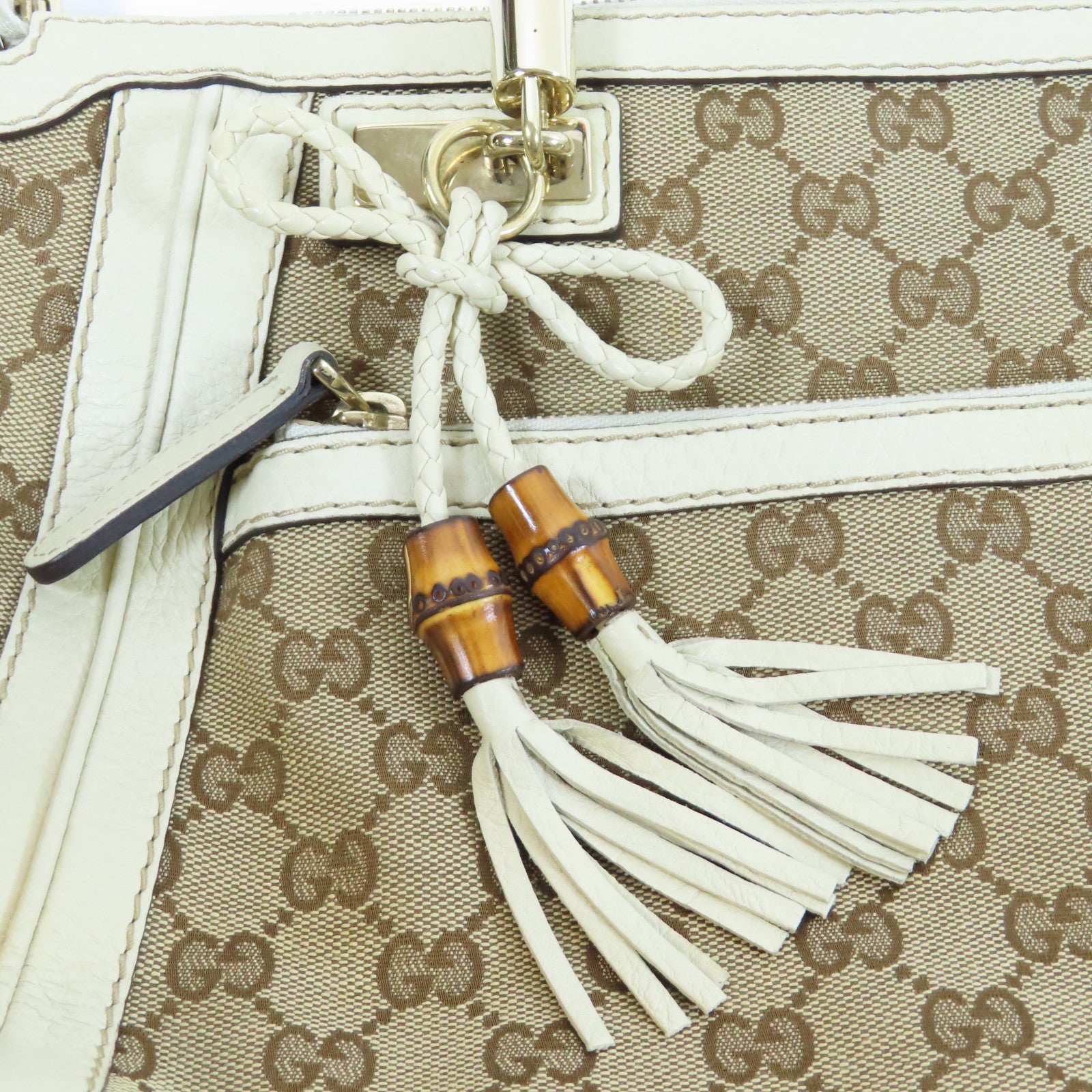 GUCCI 帆布/皮革2 Way Shoulder金扣手挽肩背兩用袋白色/啡色