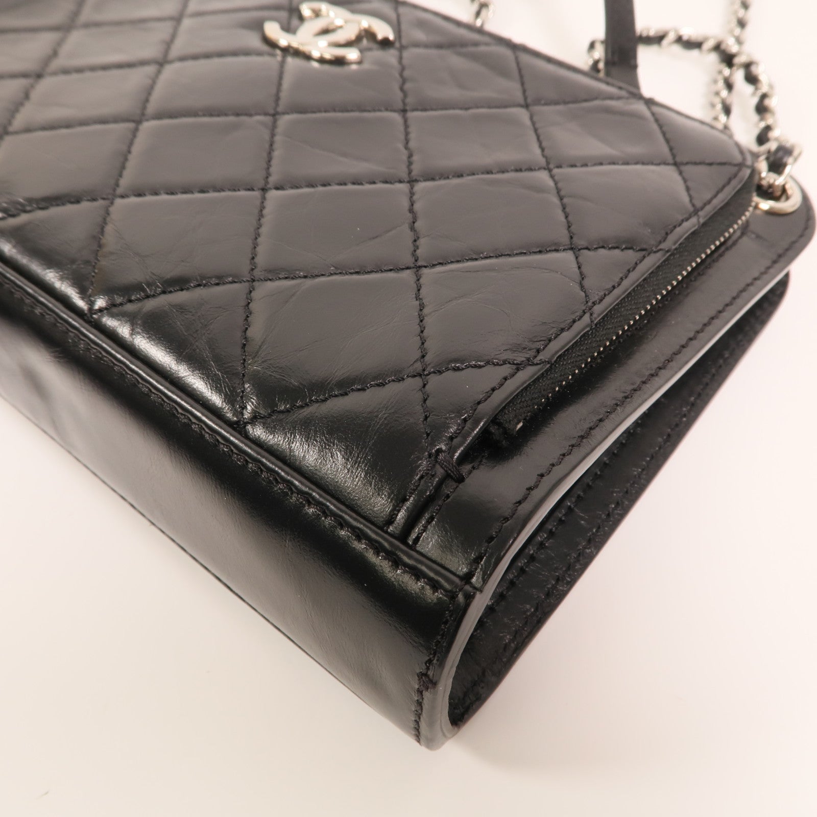 CHANEL 牛皮皮革Chain Shoulder銀扣鏈帶肩背袋