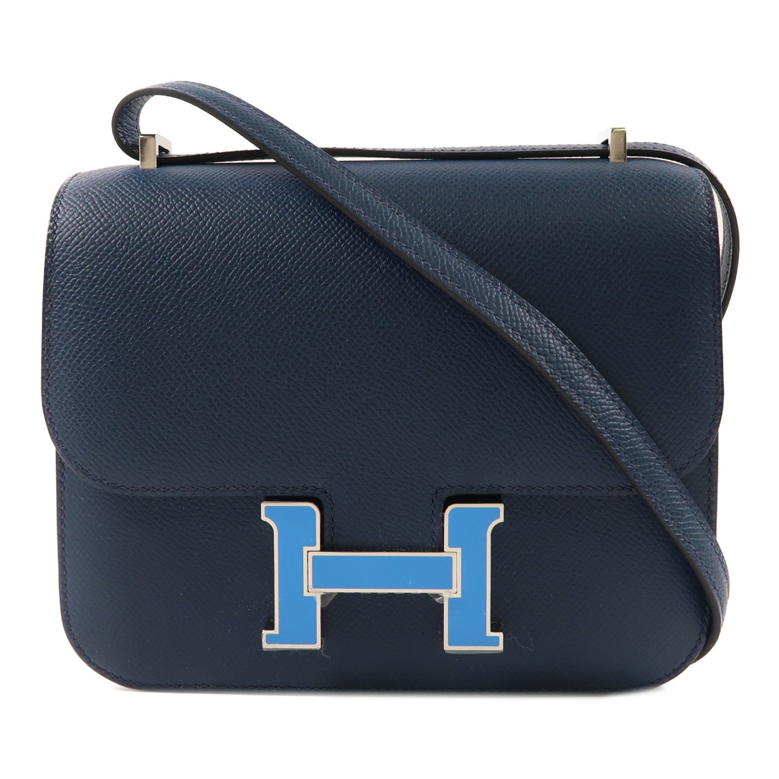 HERMES Epsom皮革Mini Constance銀扣肩背袋Bleu de Prusse/深藍色