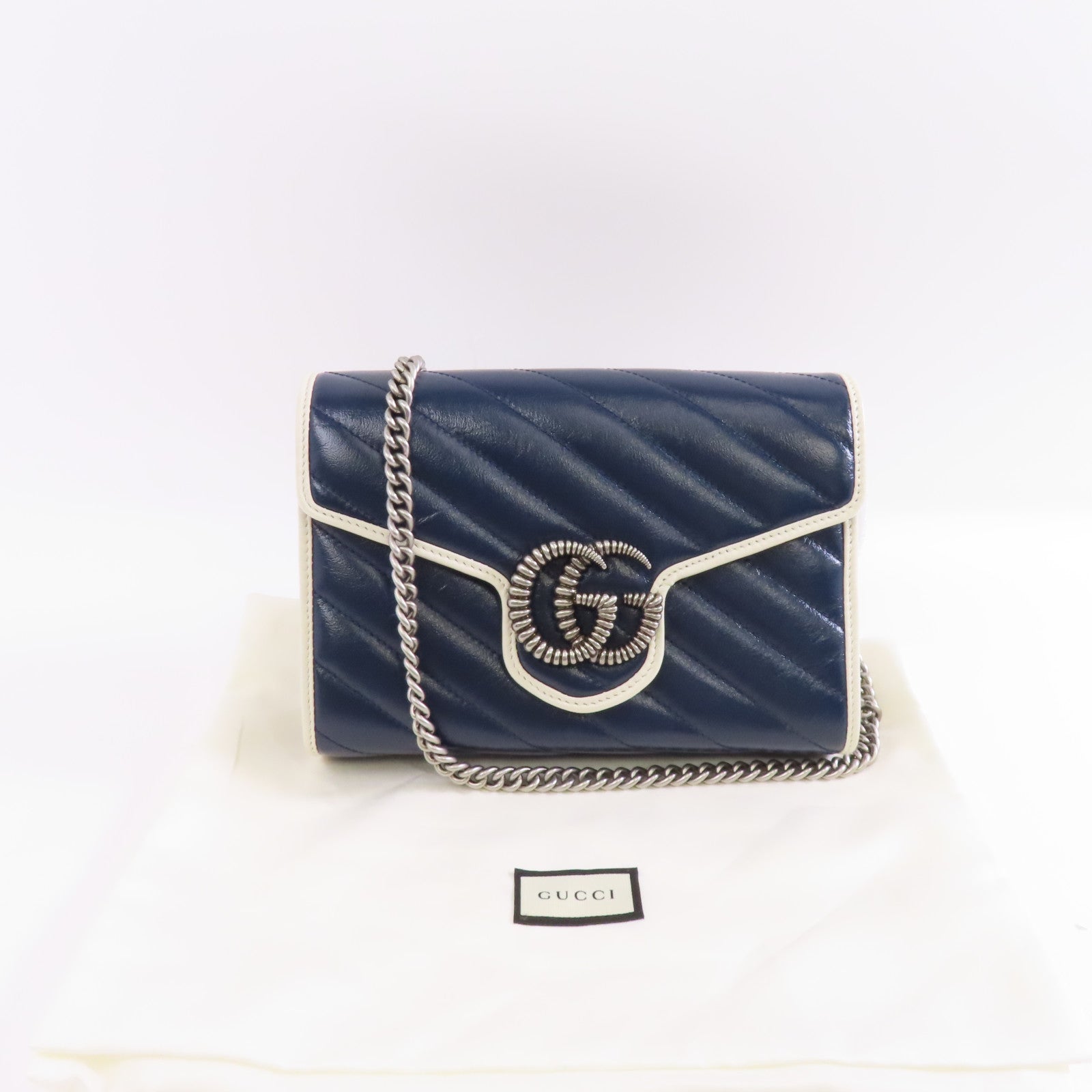 GUCCI 【激減優惠】牛皮皮革GG Marmont Shoulder Bag銀扣鏈帶肩背袋藍色