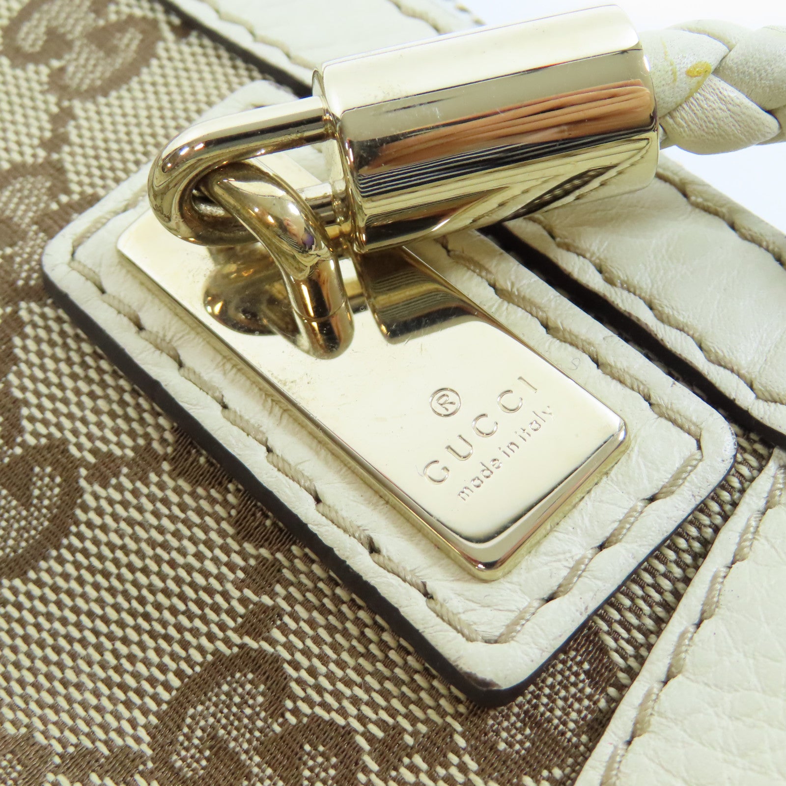 GUCCI 帆布/皮革2 Way Shoulder金扣手挽肩背兩用袋白色/啡色