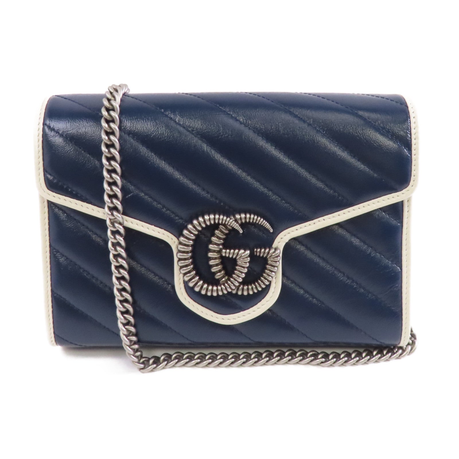 GUCCI 【激減優惠】牛皮皮革GG Marmont Shoulder Bag銀扣鏈帶肩背袋藍色