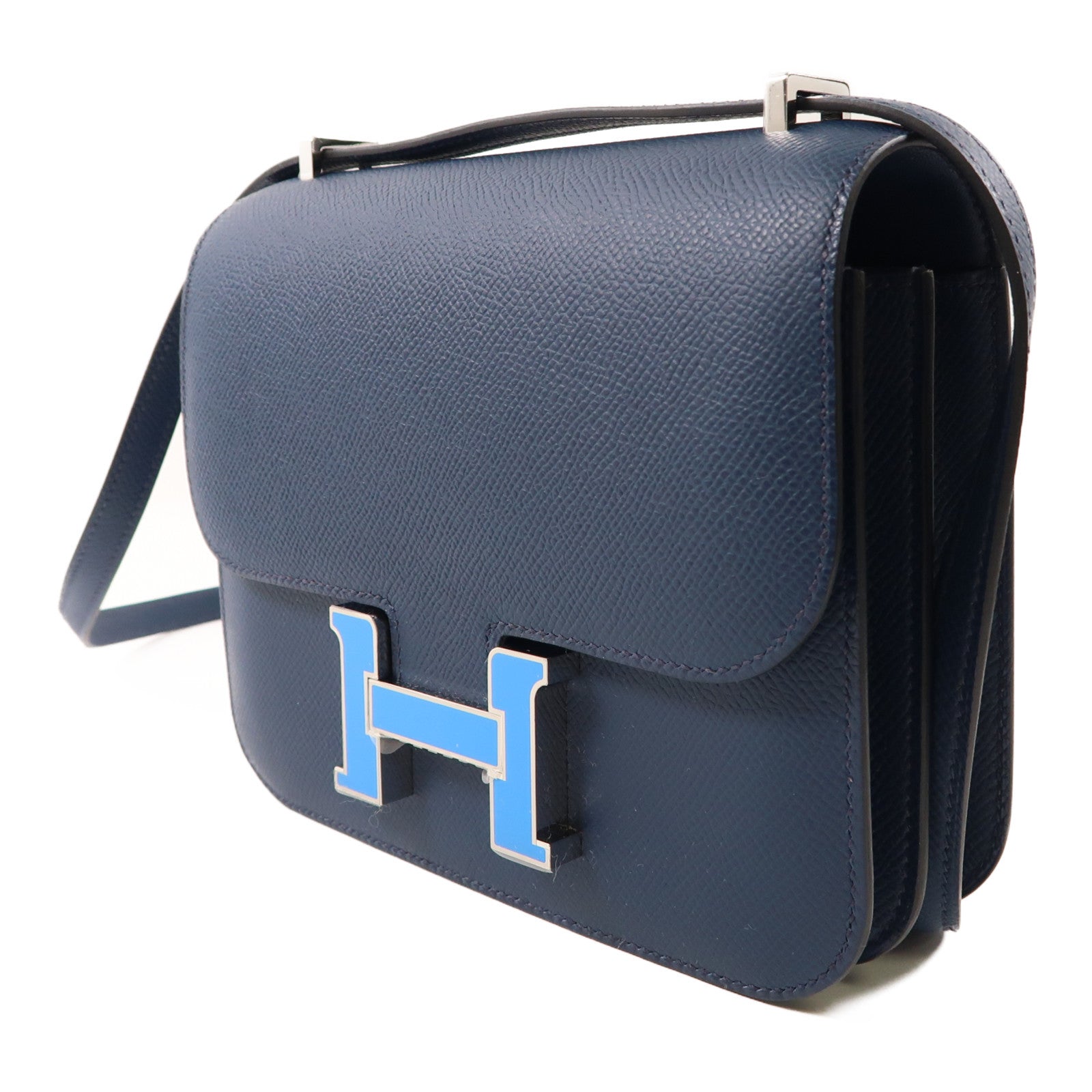 HERMES Epsom皮革Mini Constance銀扣肩背袋Bleu de Prusse/深藍色