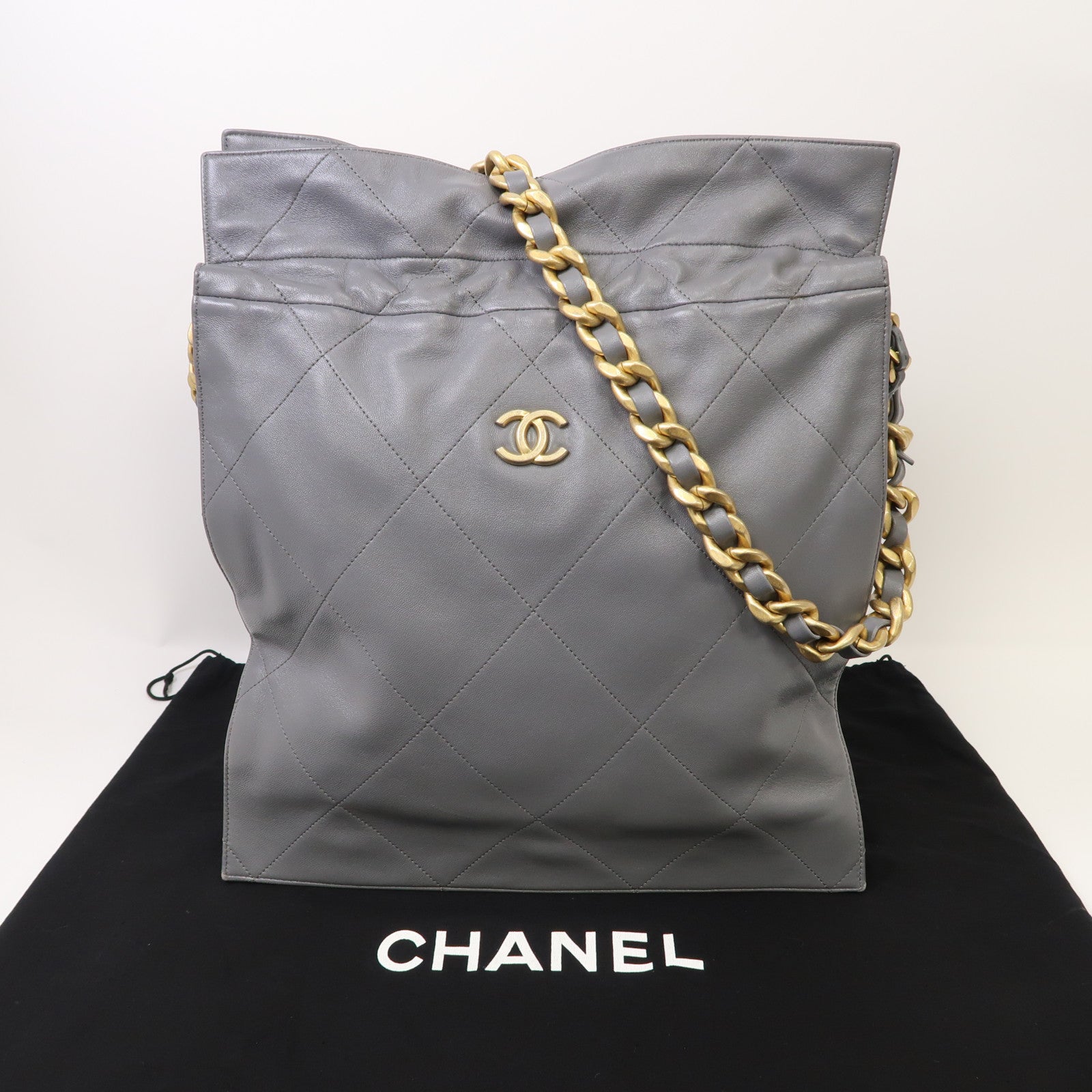 CHANEL 菱格羊皮皮革Drawstring Shoulder Bag金扣鏈帶肩背袋灰色