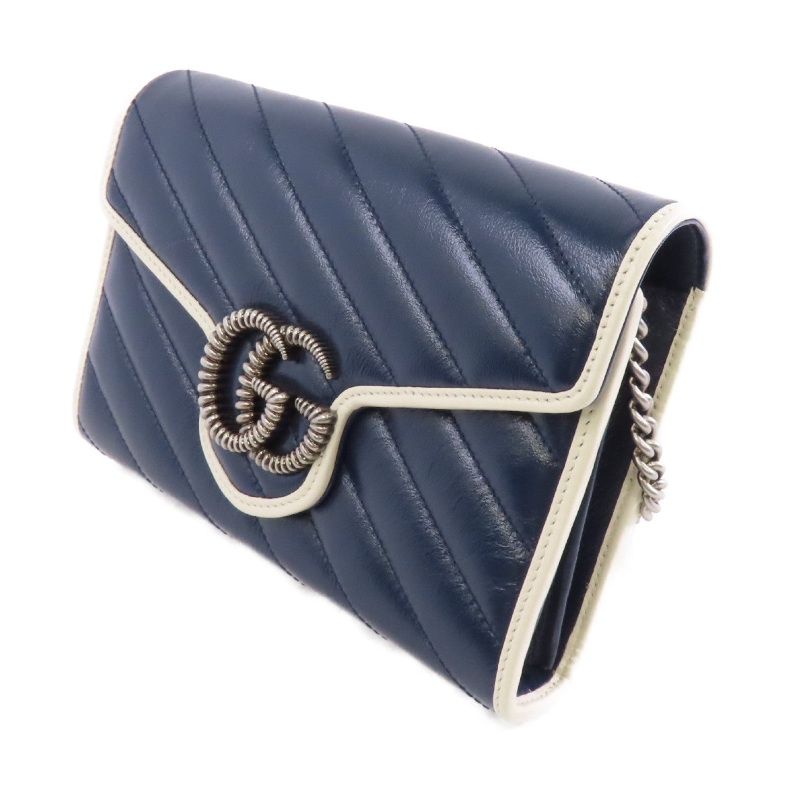 GUCCI 【激減優惠】牛皮皮革GG Marmont Shoulder Bag銀扣鏈帶肩背袋藍色