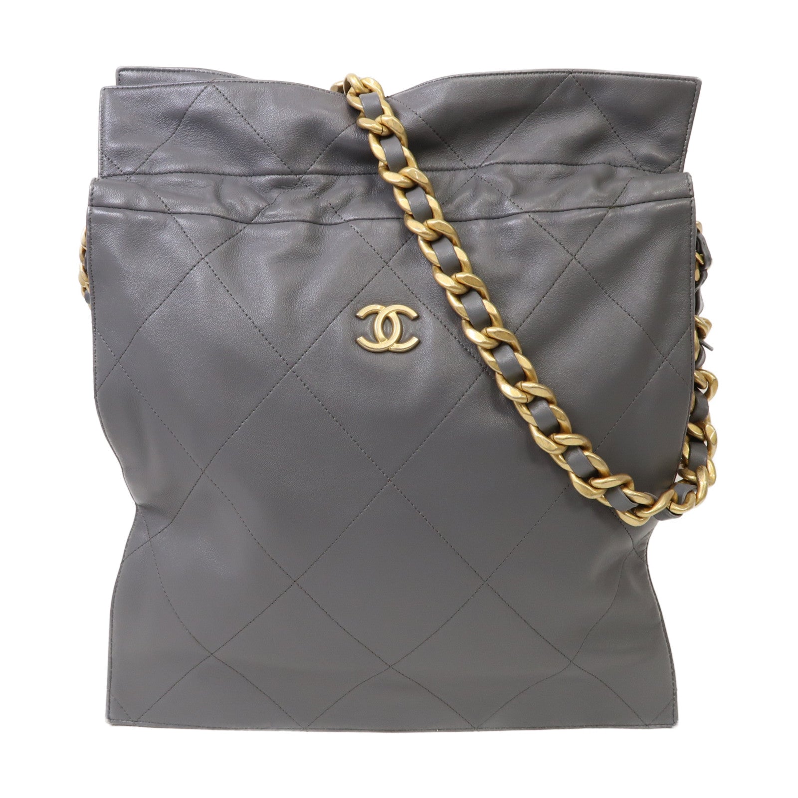 CHANEL 菱格羊皮皮革Drawstring Shoulder Bag金扣鏈帶肩背袋灰色