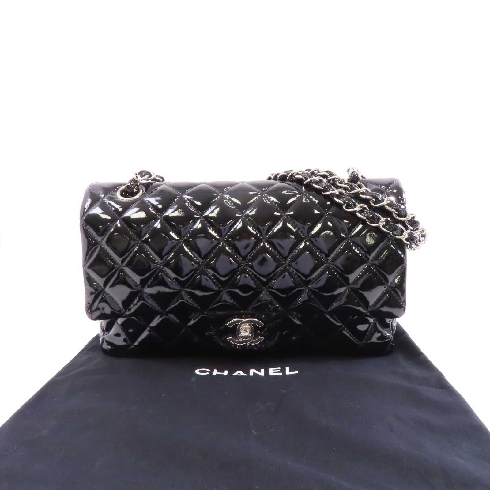 CHANEL 菱格漆皮皮革Chain Shoulder銀扣鏈帶肩背袋黑色
