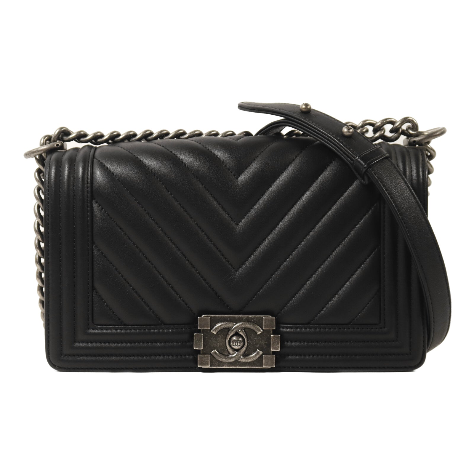 CHANEL 牛皮皮革Boy 25銀扣鏈帶肩背袋