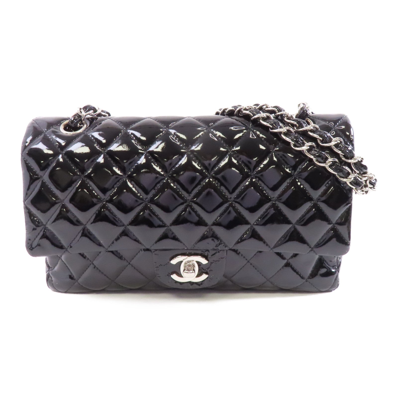 CHANEL 菱格漆皮皮革Chain Shoulder銀扣鏈帶肩背袋黑色