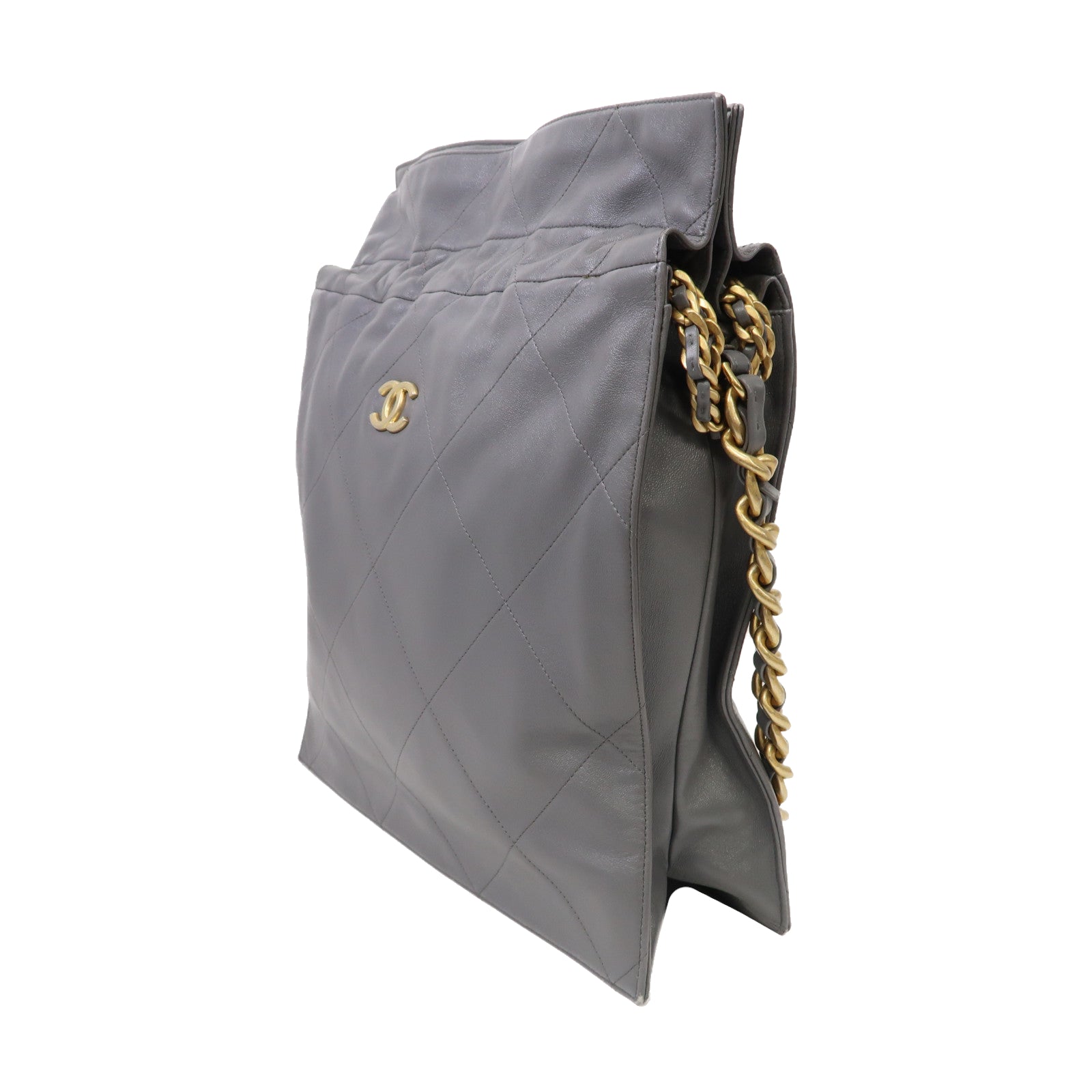 CHANEL 菱格羊皮皮革Drawstring Shoulder Bag金扣鏈帶肩背袋灰色