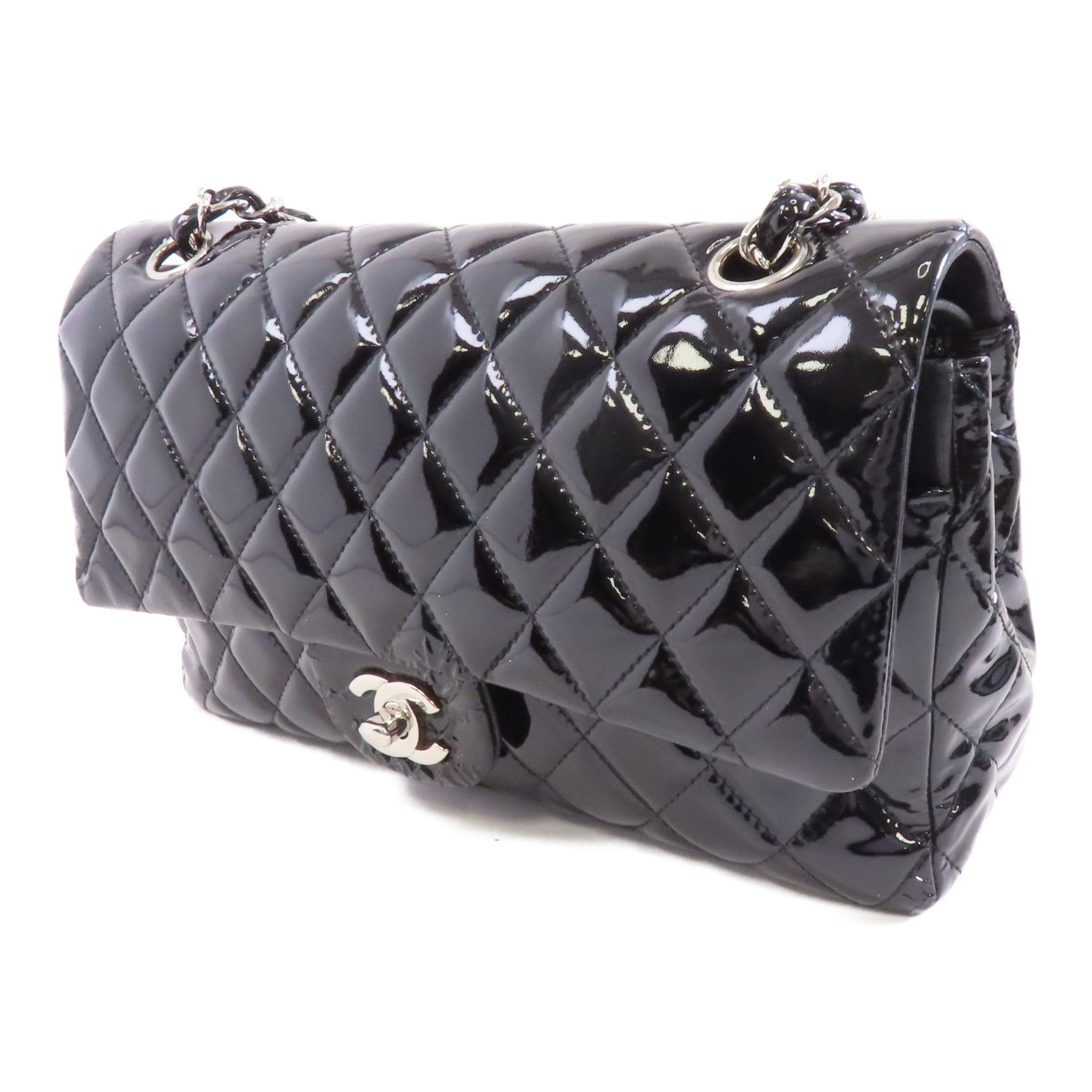 CHANEL 菱格漆皮皮革Chain Shoulder銀扣鏈帶肩背袋黑色