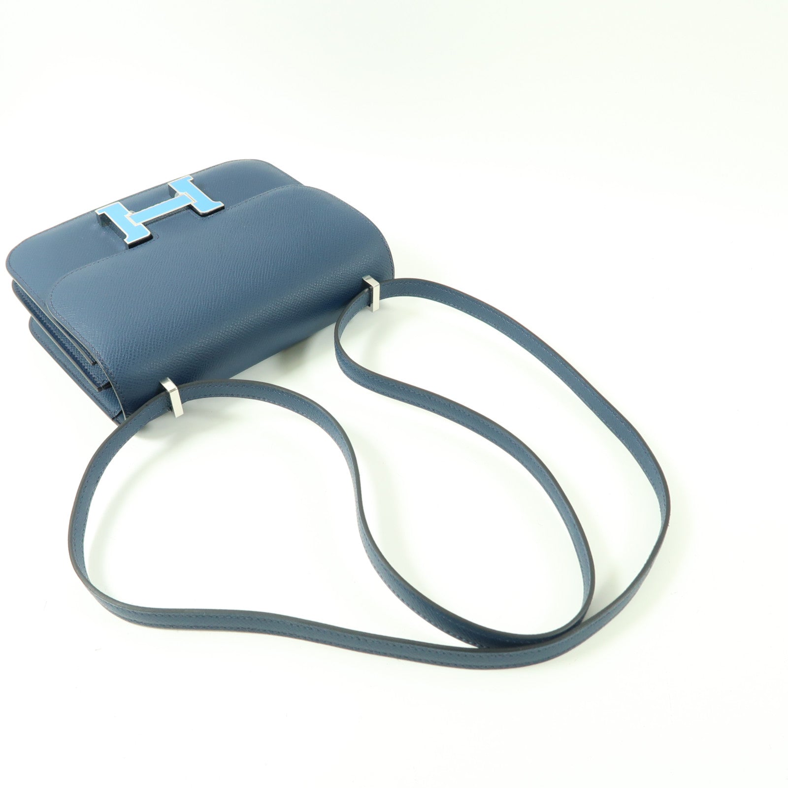HERMES Epsom皮革Mini Constance銀扣肩背袋Bleu de Prusse/深藍色