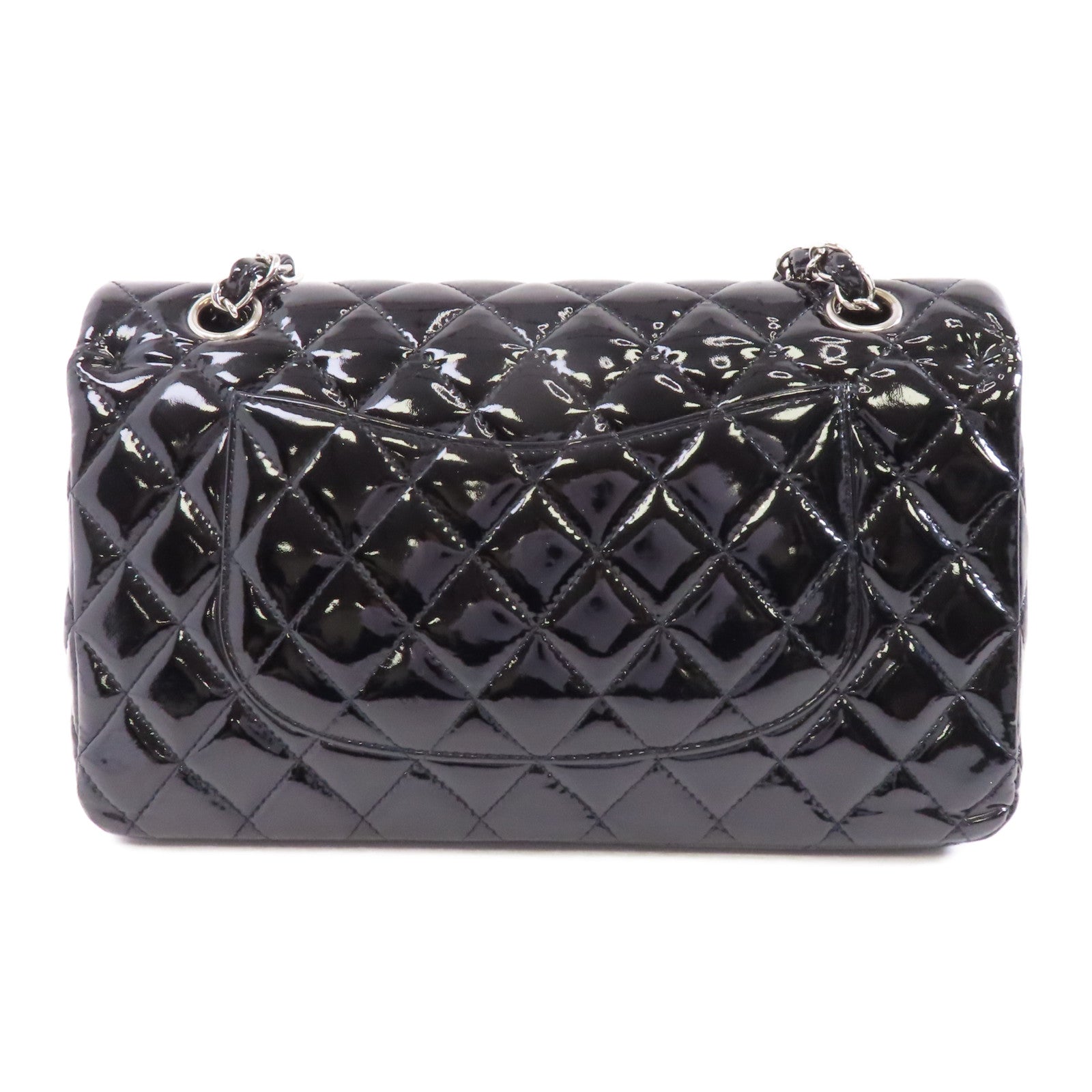 CHANEL 菱格漆皮皮革Chain Shoulder銀扣鏈帶肩背袋黑色