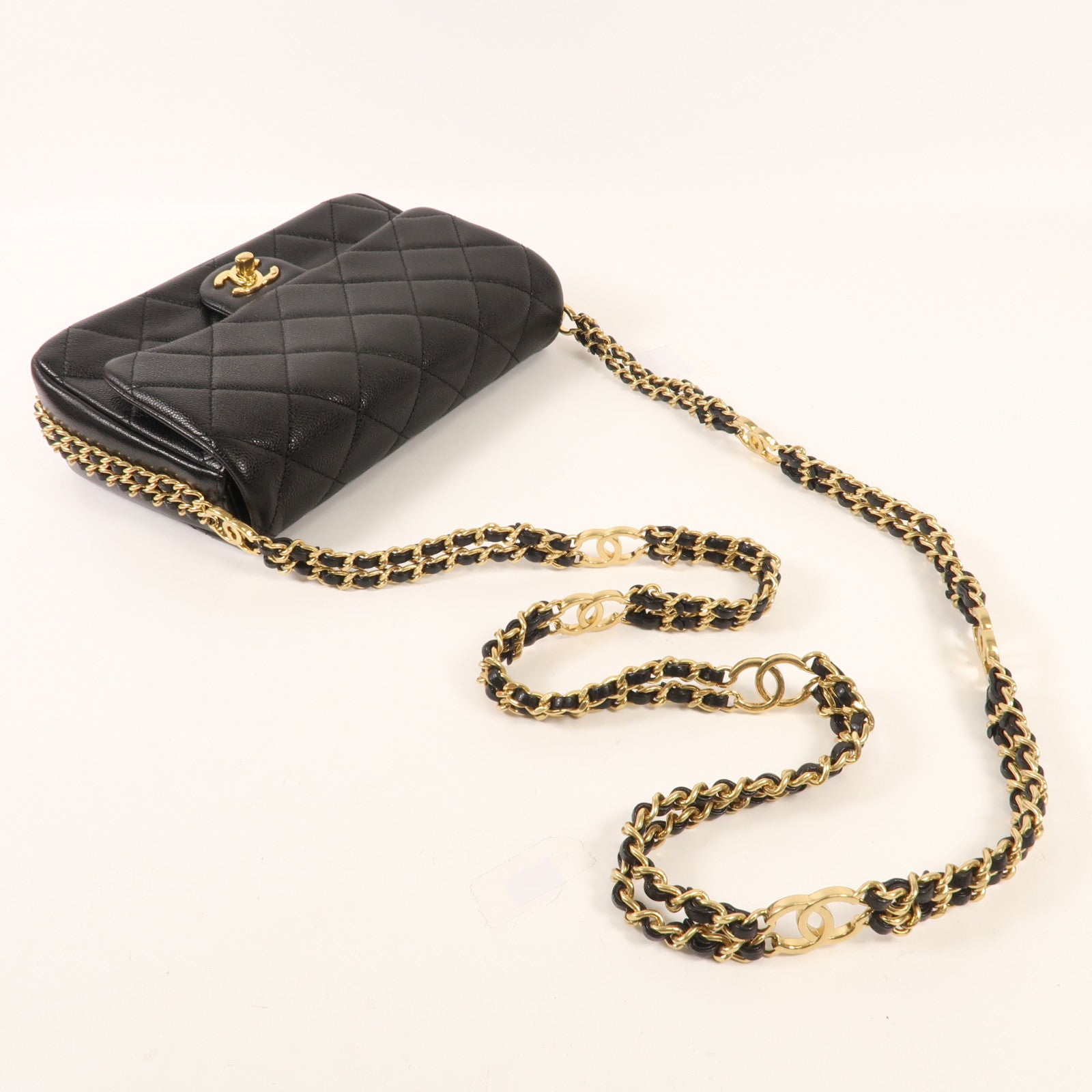 CHANEL 牛皮皮革Mini Flap Bag金扣鏈帶肩背袋