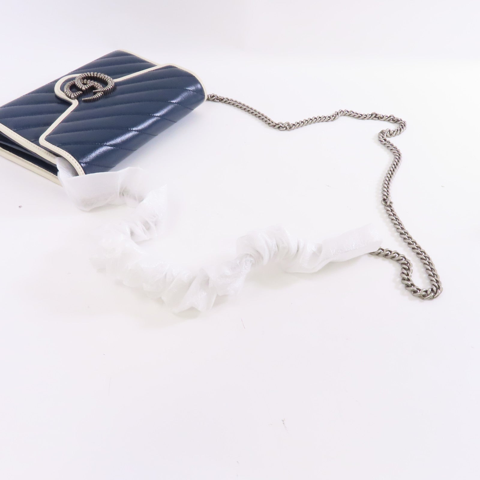 GUCCI 【激減優惠】牛皮皮革GG Marmont Shoulder Bag銀扣鏈帶肩背袋藍色