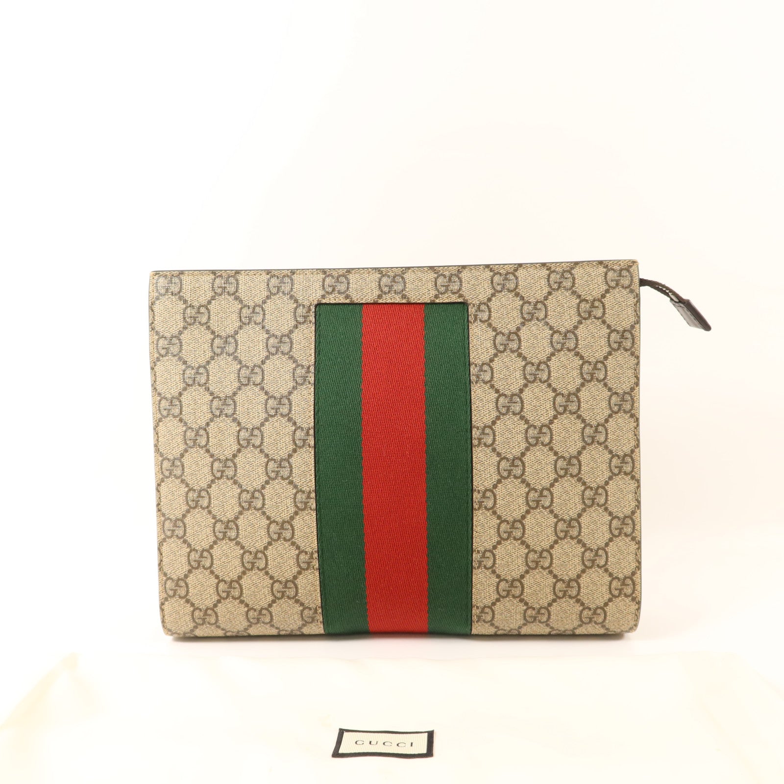 GUCCI 塗層帆布GG Supreme Clutch銀扣手拿包
