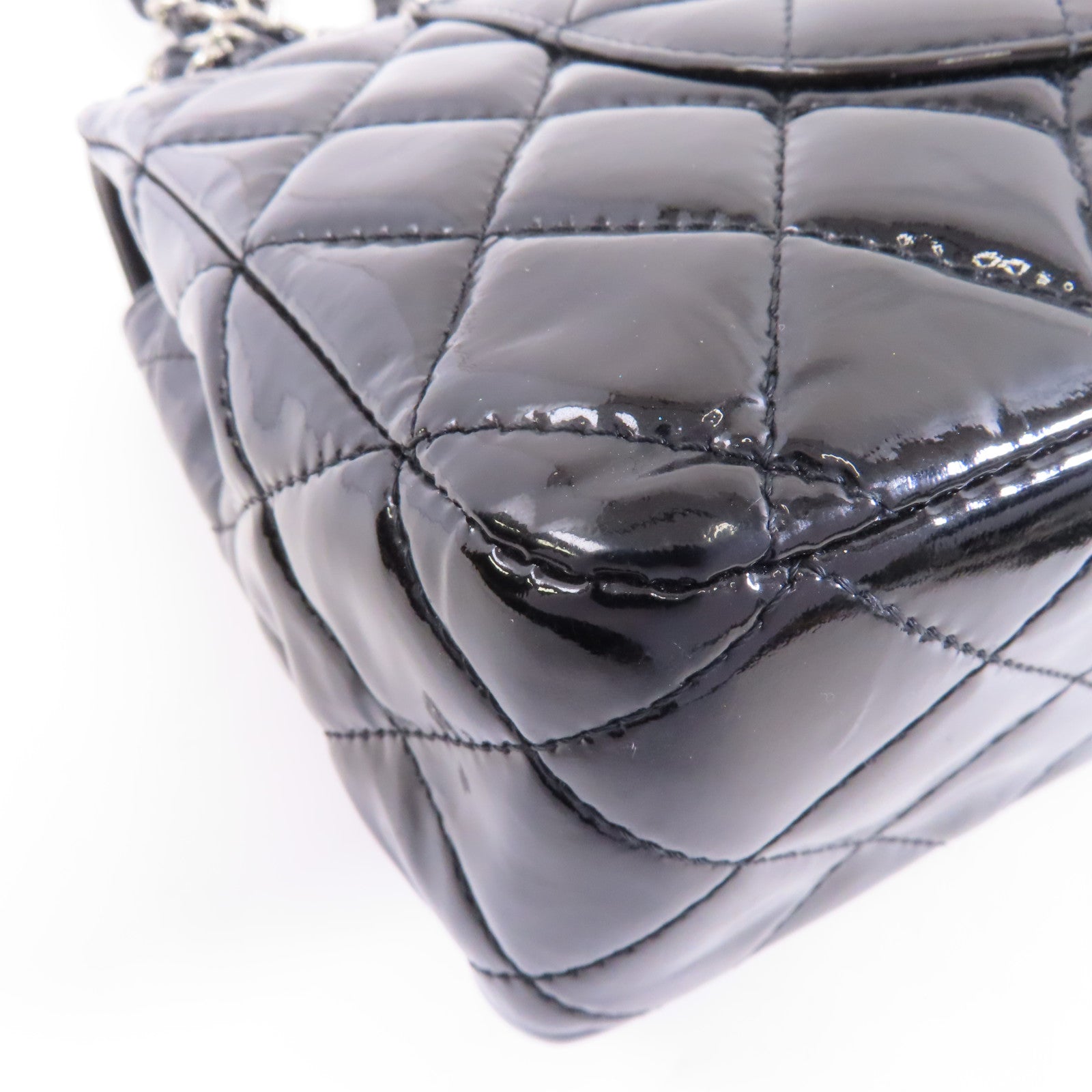 CHANEL 菱格漆皮皮革Chain Shoulder銀扣鏈帶肩背袋黑色