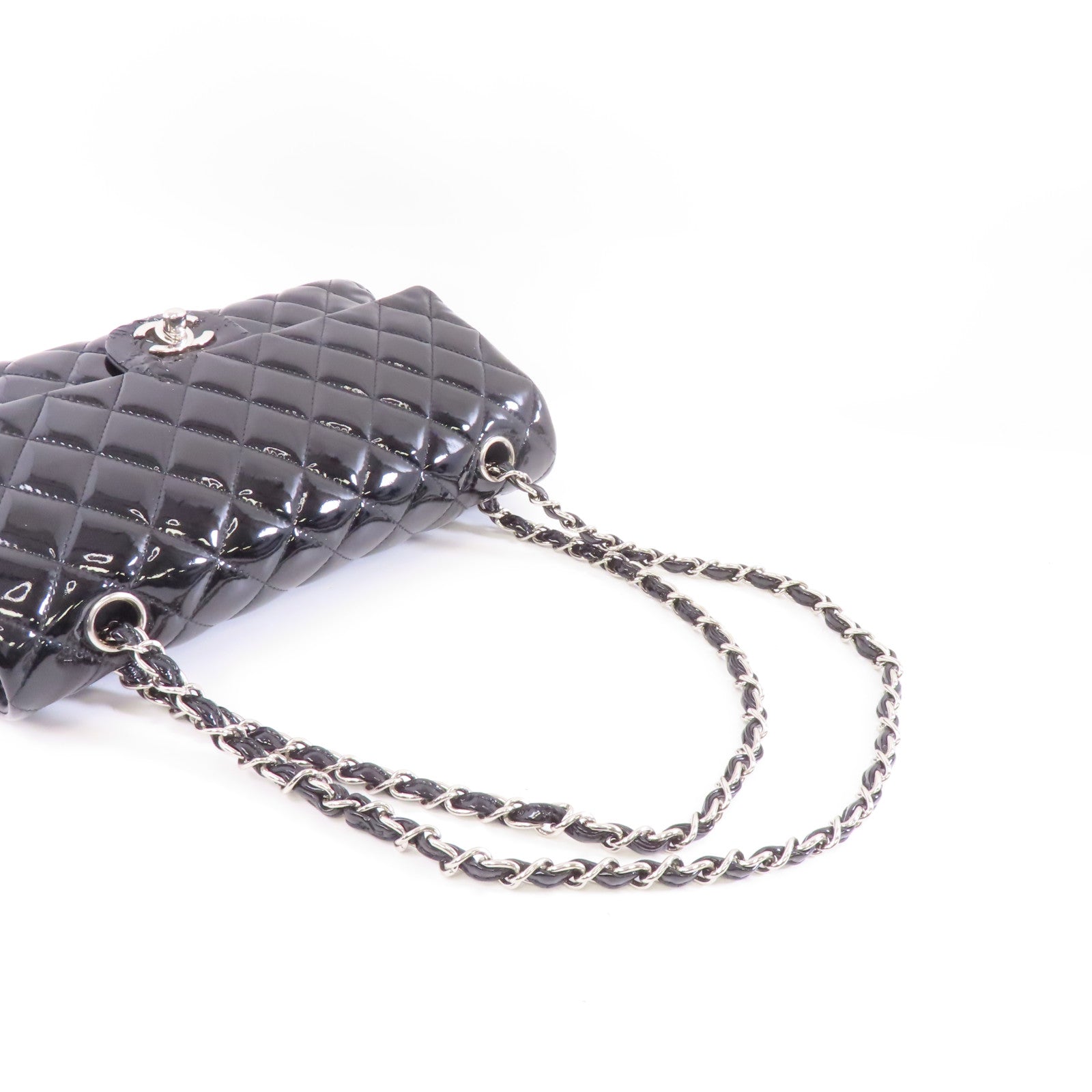 CHANEL 菱格漆皮皮革Chain Shoulder銀扣鏈帶肩背袋黑色