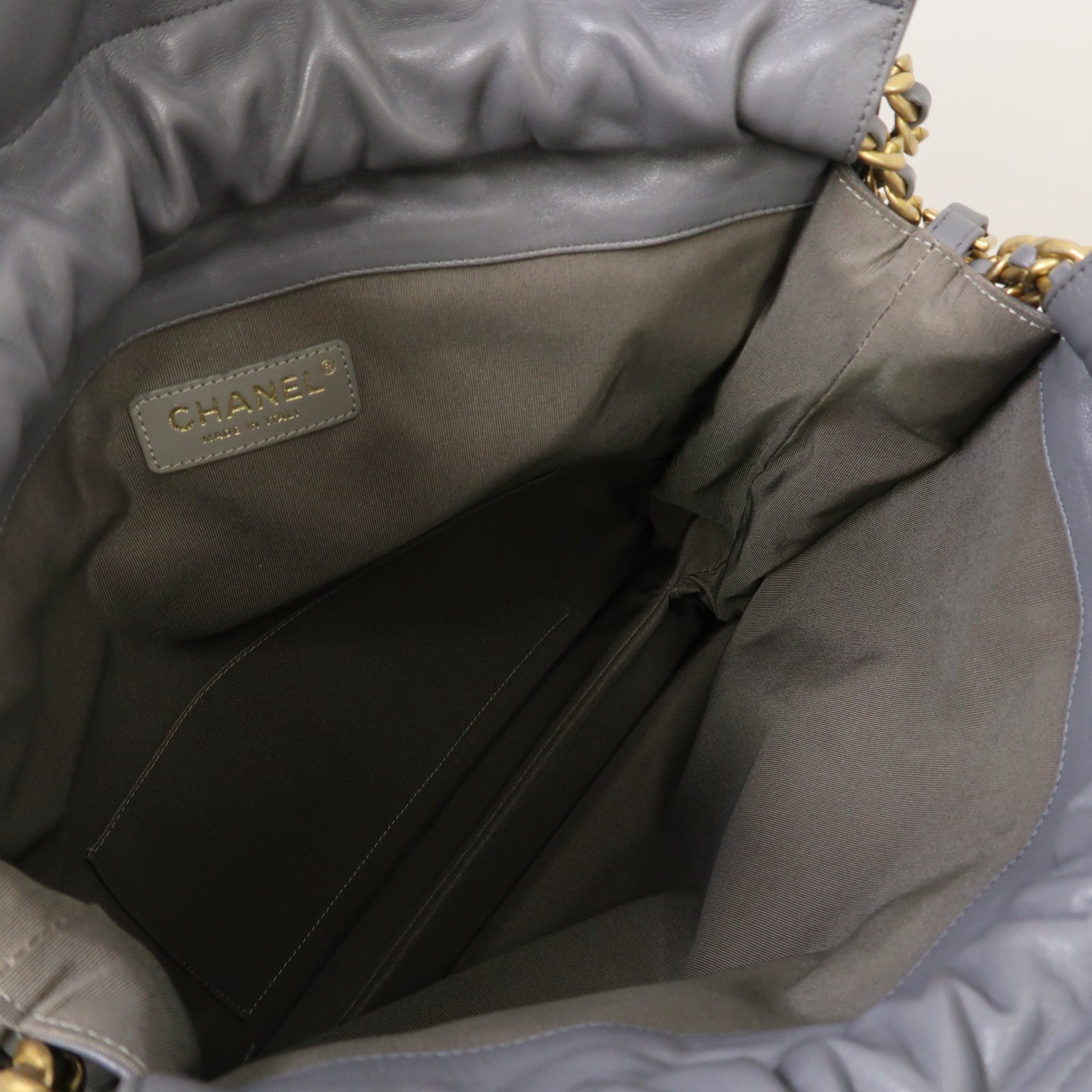 CHANEL 菱格羊皮皮革Drawstring Shoulder Bag金扣鏈帶肩背袋灰色