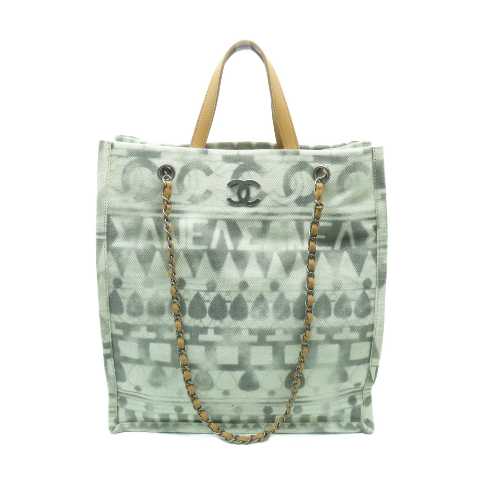 CHANEL 【清倉大減價】帆布Shoulder Tote銀扣手挽肩背兩用袋白色/灰色