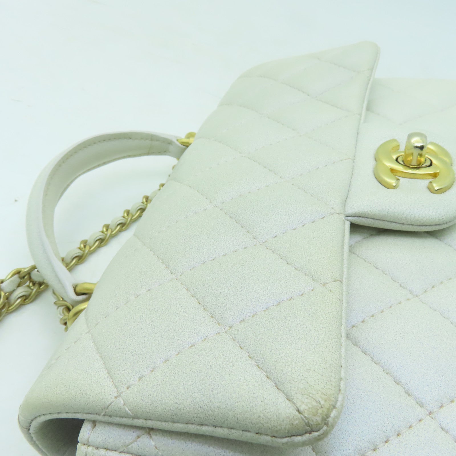 CHANEL 菱格羊皮皮革Chain Shoulder Bag金扣鏈帶手挽肩背兩用袋白色