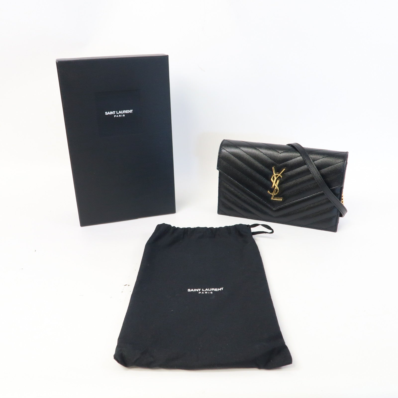 SAINT LAURENT 斜紋牛皮皮革Chain Shoulder Bag金扣鏈帶肩背袋黑色