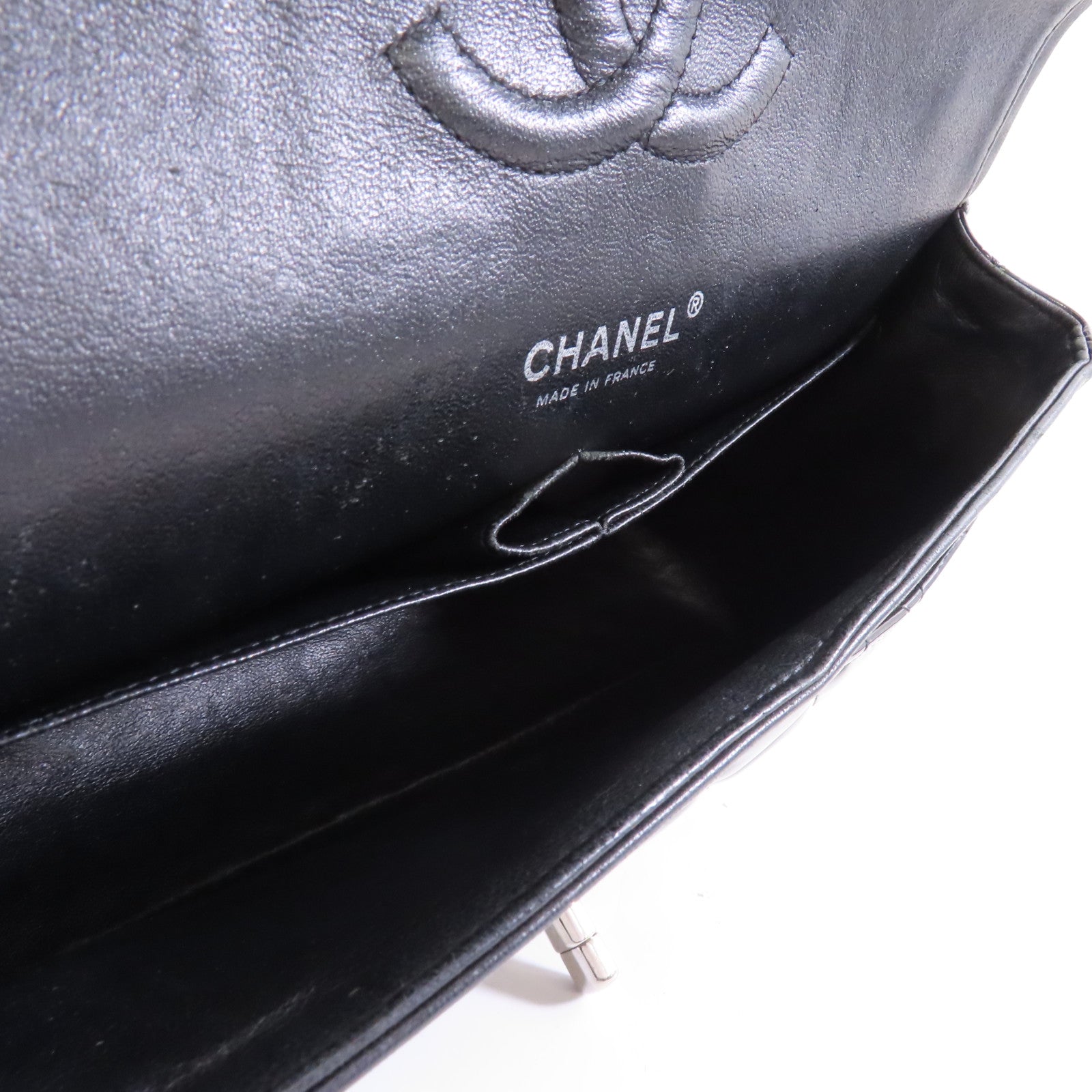 CHANEL 菱格漆皮皮革Chain Shoulder銀扣鏈帶肩背袋黑色