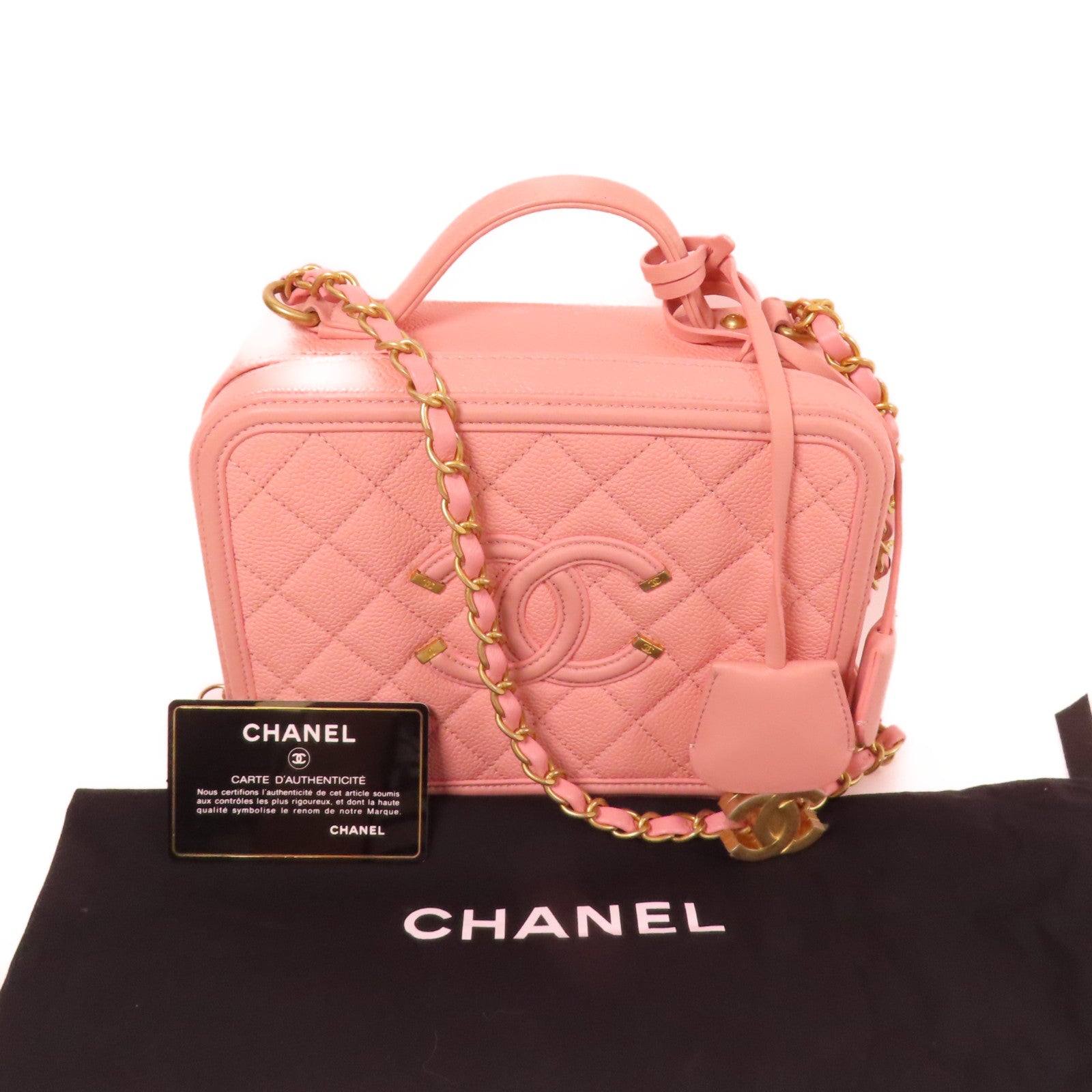 CHANEL CC GHW Vanity Case 2Way Shoulder Hand Bag Calfskin Leather Pink