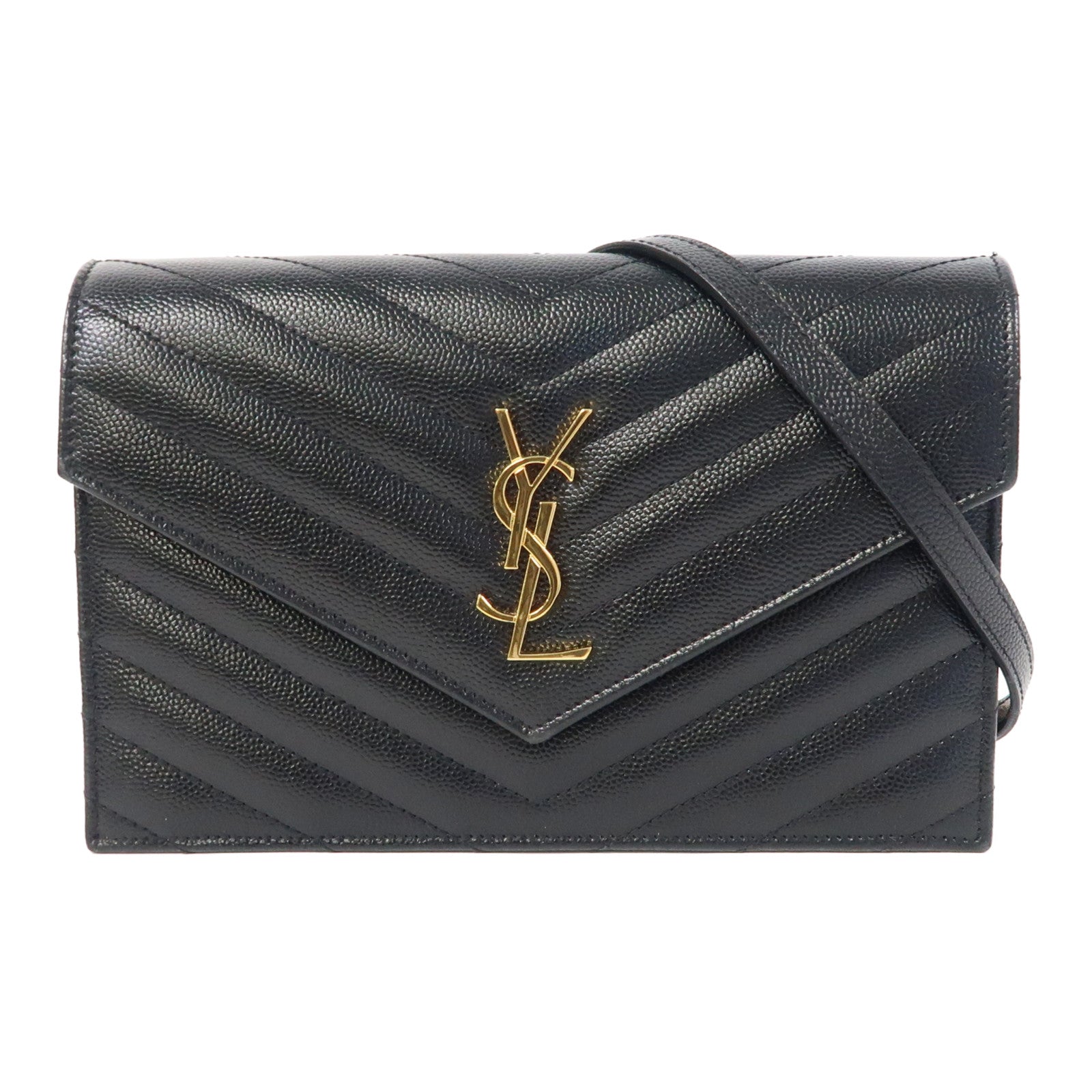 SAINT LAURENT 斜紋牛皮皮革Chain Shoulder Bag金扣鏈帶肩背袋黑色