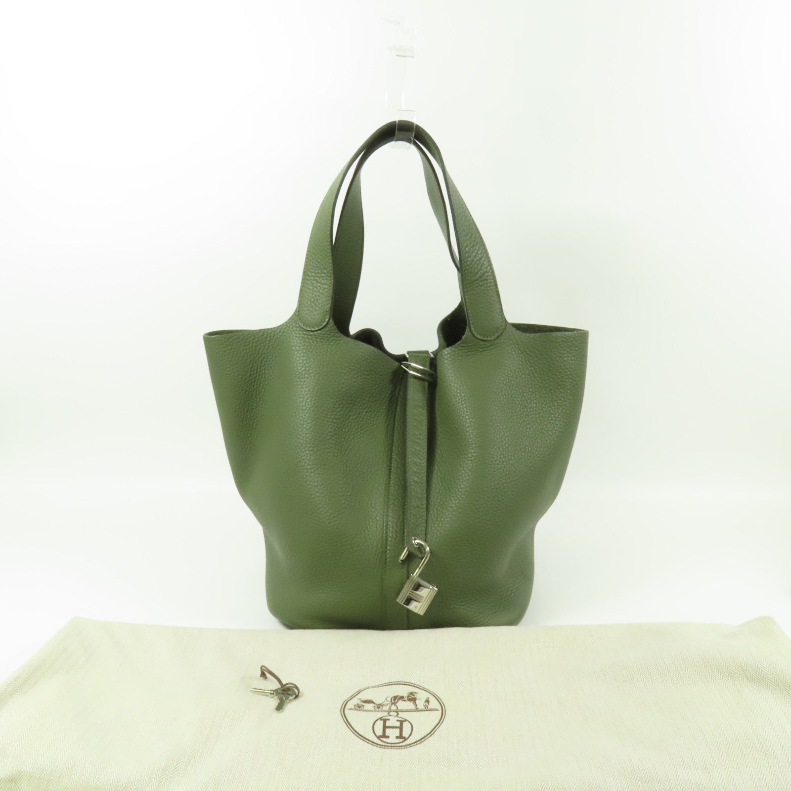 HERMES Clemence皮革Picotin GM銀扣手挽袋Olive Green