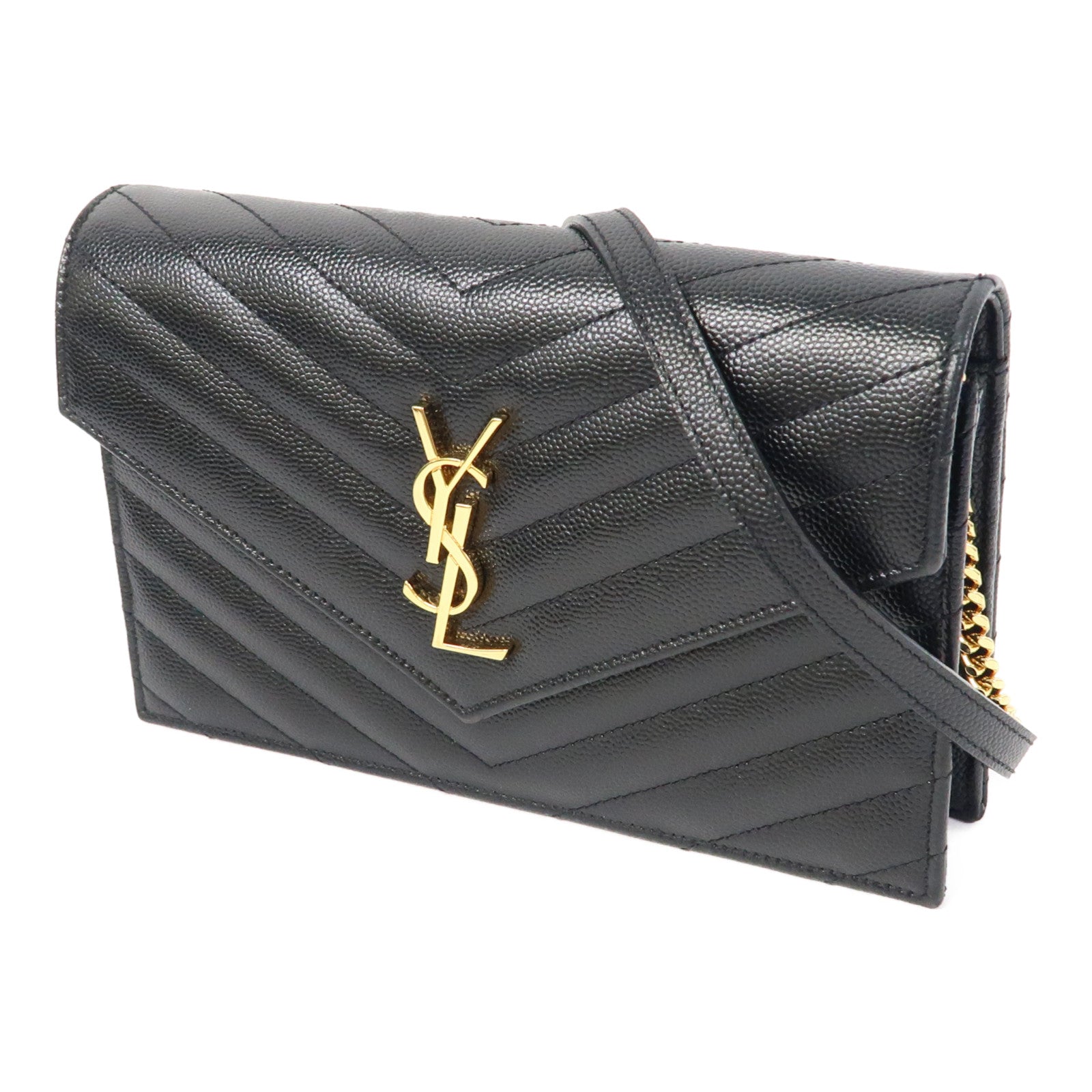SAINT LAURENT 斜紋牛皮皮革Chain Shoulder Bag金扣鏈帶肩背袋黑色