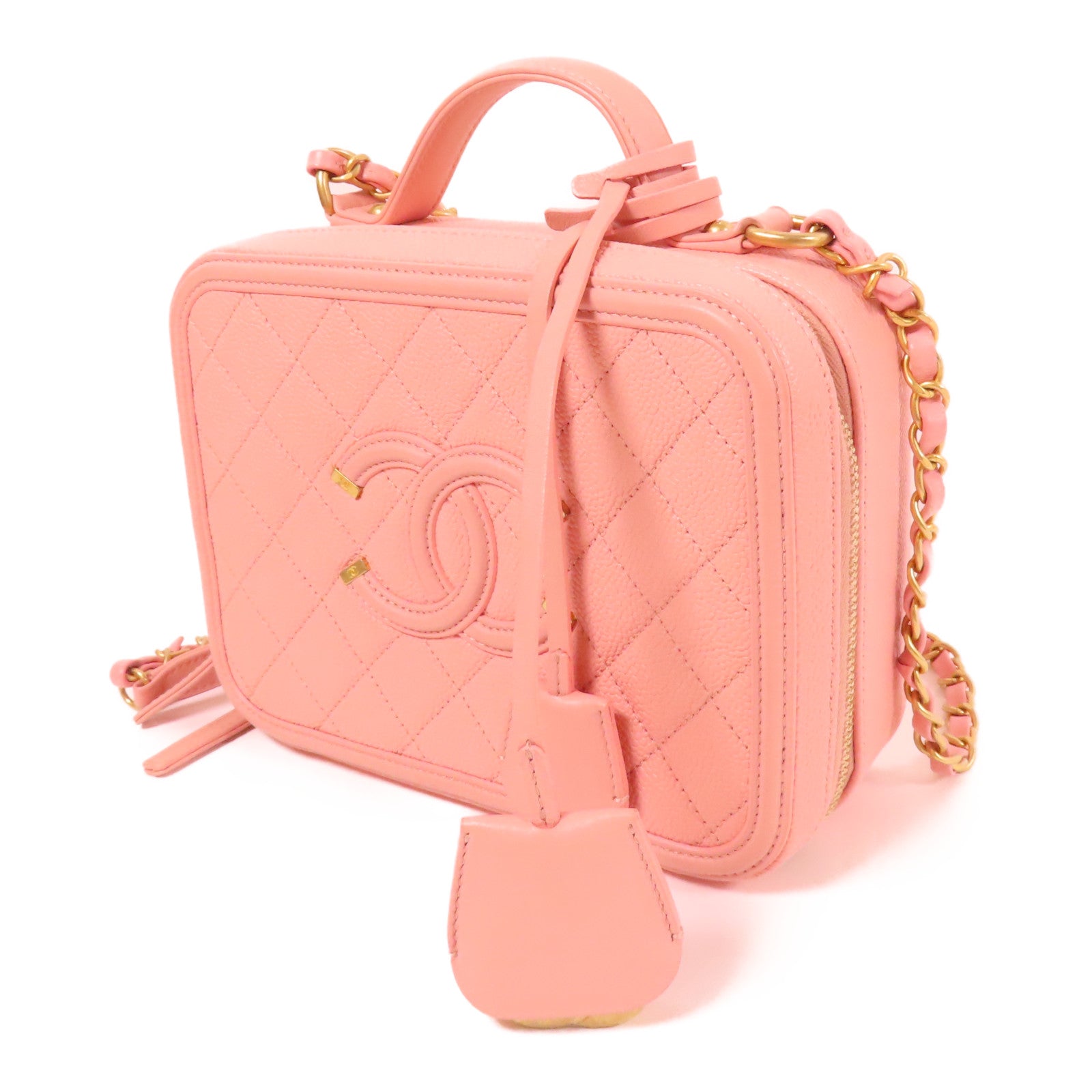 CHANEL CC GHW Vanity Case 2Way Shoulder Hand Bag Calfskin Leather Pink