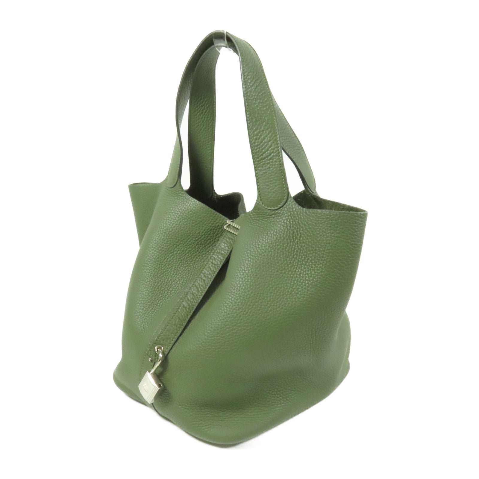 HERMES Clemence皮革Picotin GM銀扣手挽袋Olive Green