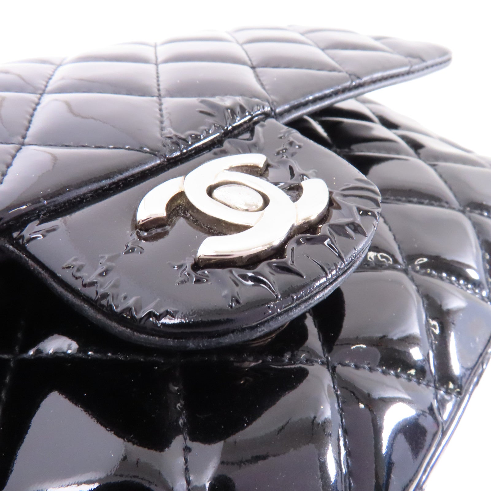 CHANEL 菱格漆皮皮革Chain Shoulder銀扣鏈帶肩背袋黑色