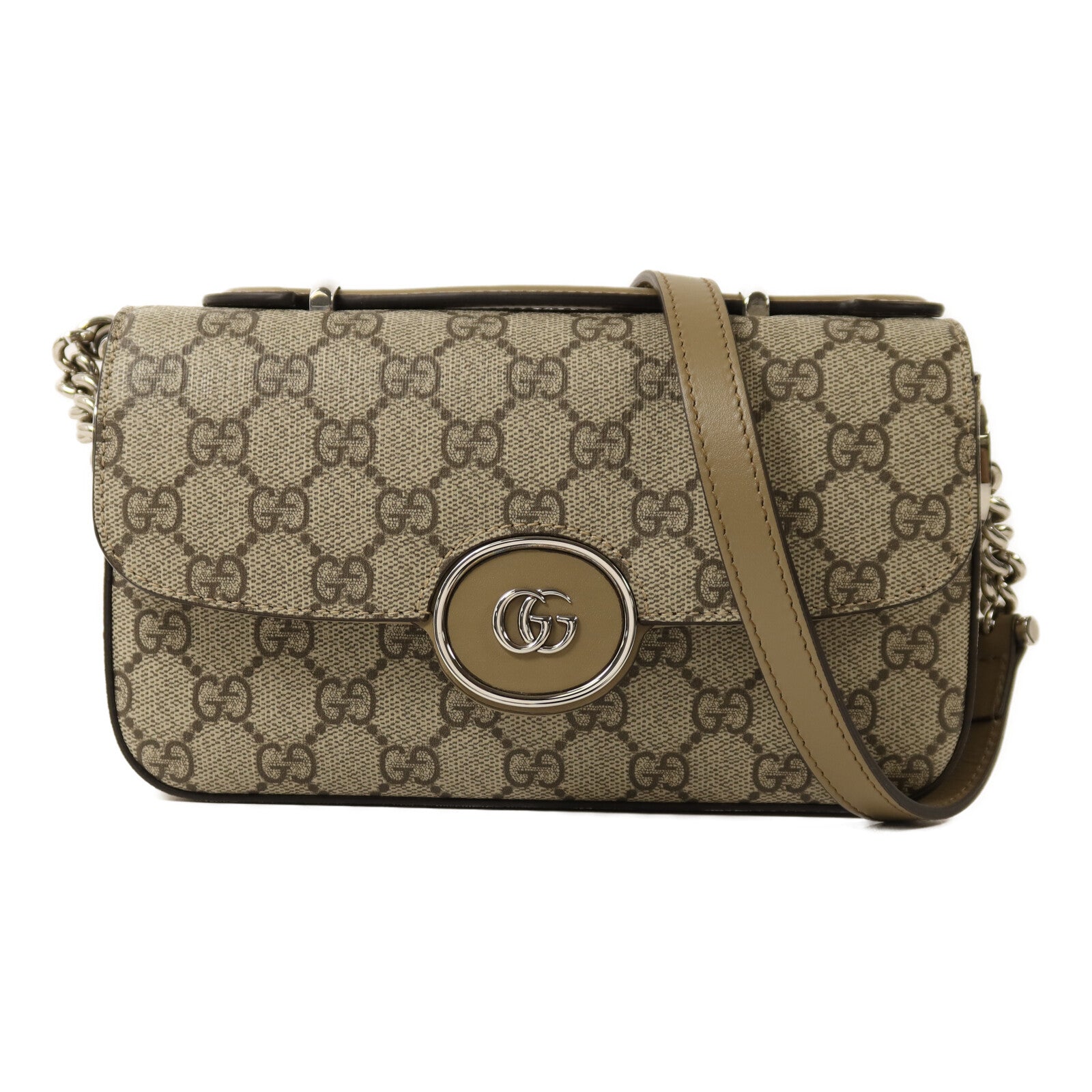 GUCCI 塗層帆布Petit GG Mini Bag銀扣鏈帶手挽肩背兩用袋