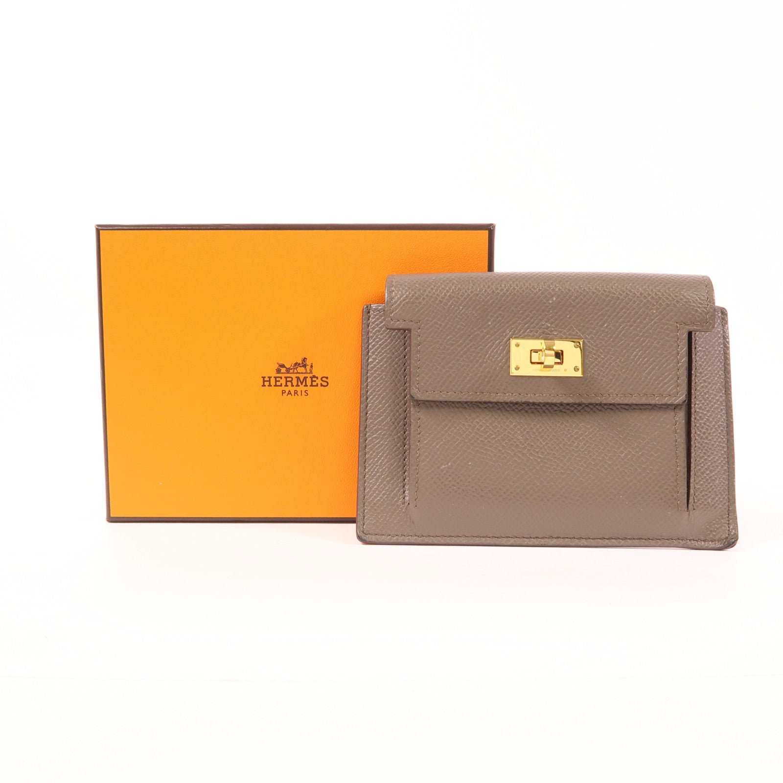 HERMES Epsom皮革Kelly Pocket金扣錢包Etain