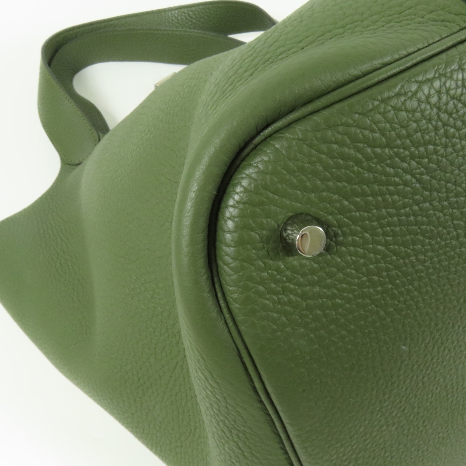 HERMES Clemence皮革Picotin GM銀扣手挽袋Olive Green