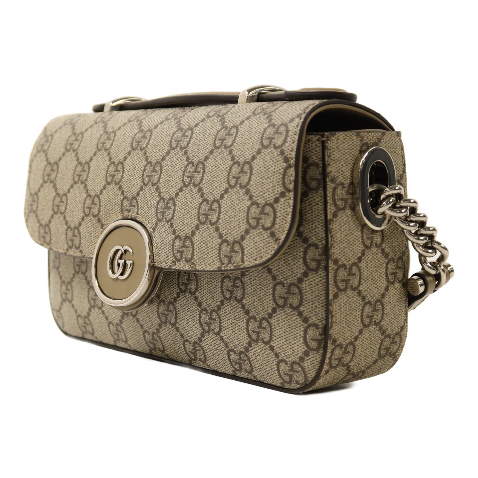 GUCCI 塗層帆布Petit GG Mini Bag銀扣鏈帶手挽肩背兩用袋
