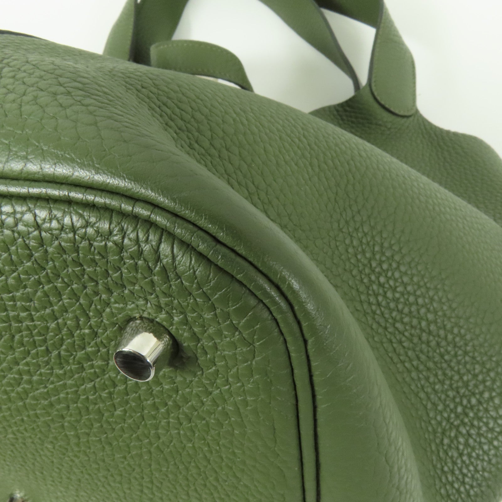 HERMES Clemence皮革Picotin GM銀扣手挽袋Olive Green
