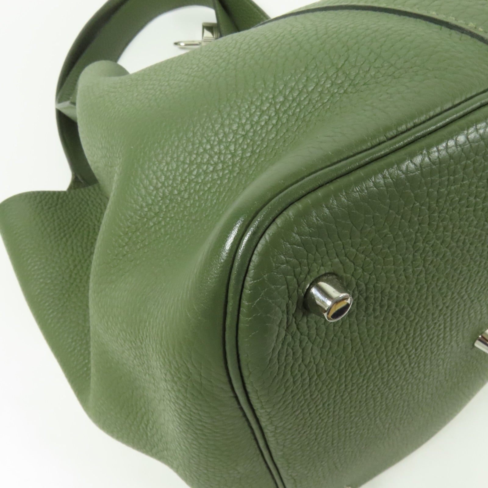 HERMES Clemence皮革Picotin GM銀扣手挽袋Olive Green